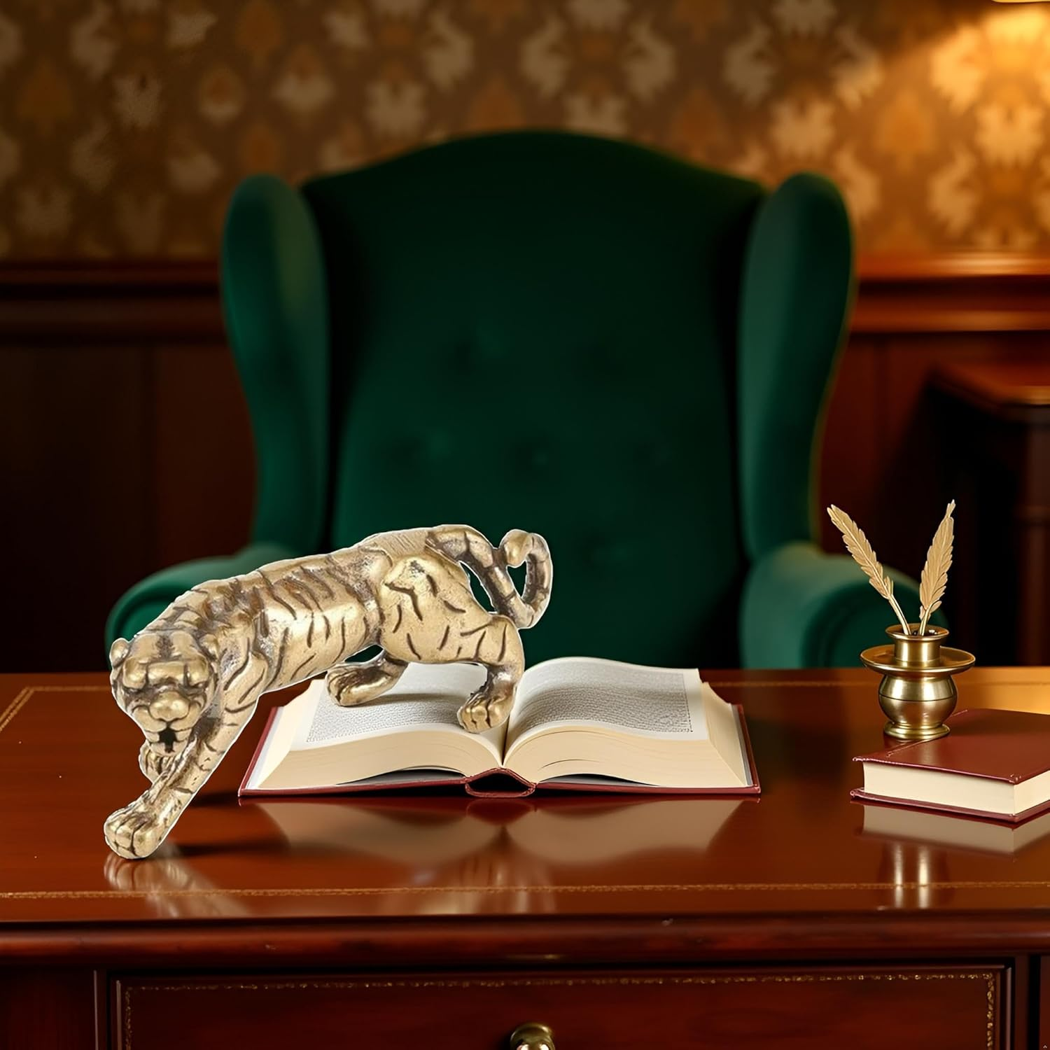 1Pc Gold Antique Copper Tiger King Figurines Home Decor Accessories Vintage Brass Animal Ornaments Desk Decorations Collectible Figurines image number 5