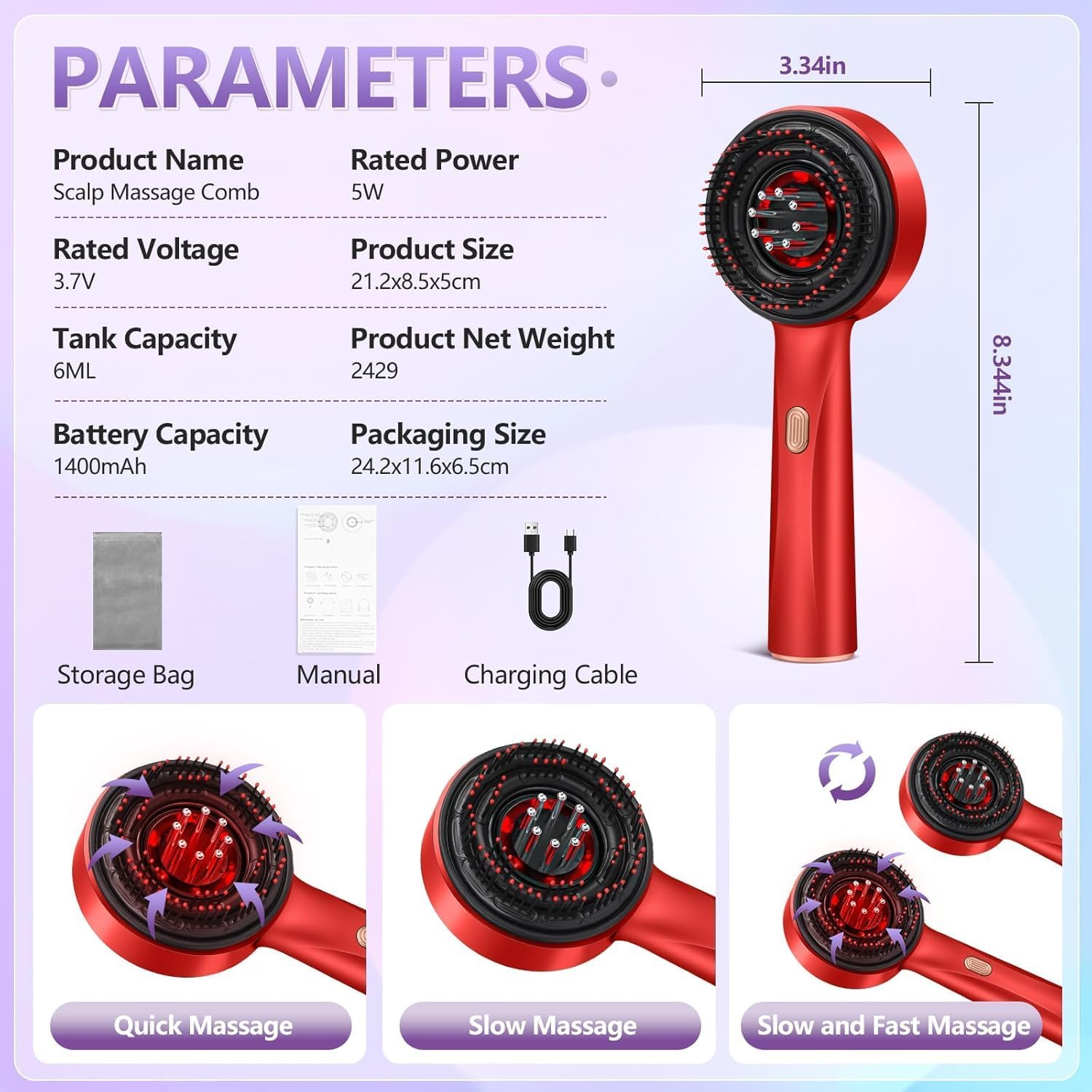 Hair Massager, Scalp Massager, Multi-Function Electric Scalp Massage Comb for Hair, Cordless Waterproof Oil Diffuser Massage Comb (Red) image number 5