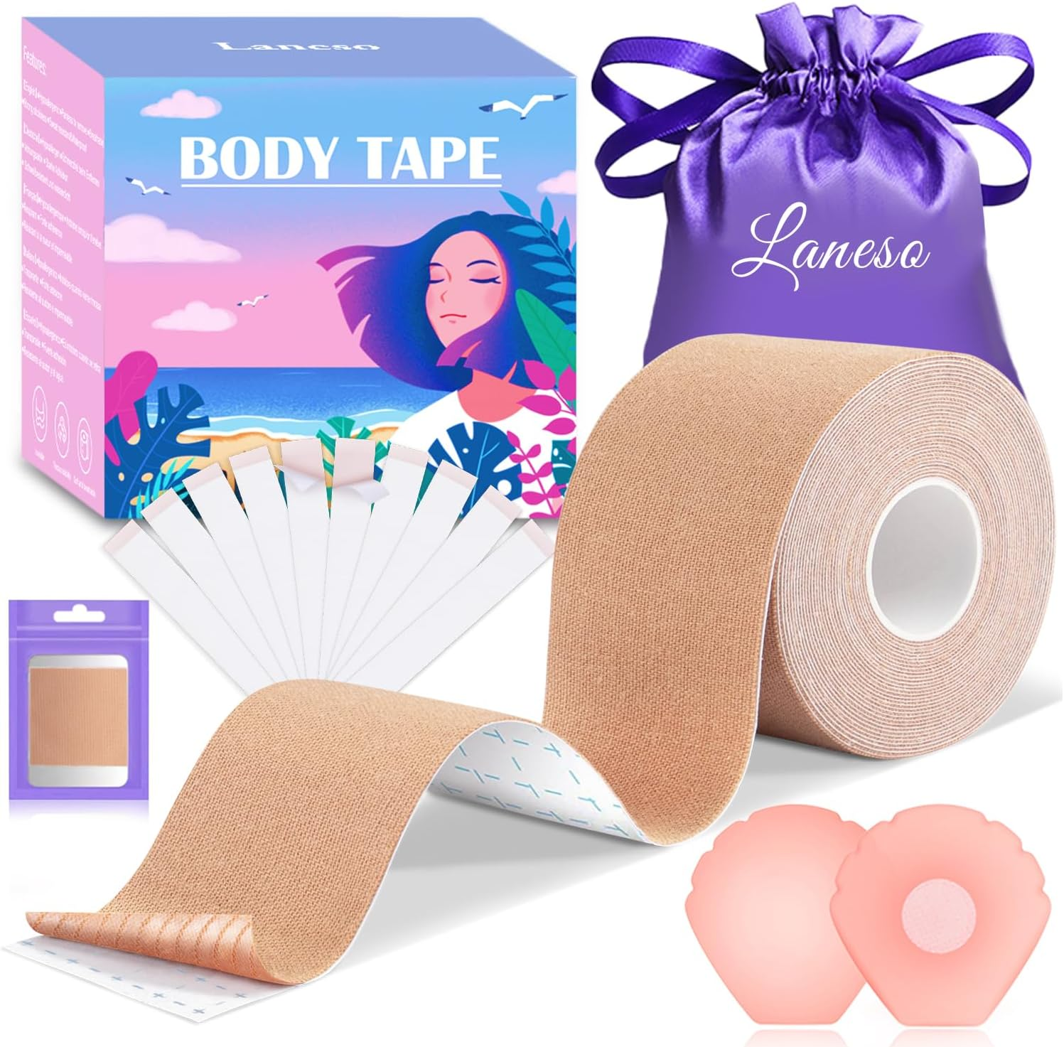 Boob Tape, Boobtapes with 2 Pairs Silicone Reusable Nipple Covers, Boobtape for Large Breast Skin-Friendly Tit Tape, 10 Fashion Tapes With, Adhesive Breast Lift Tape for A-G Cup Beige