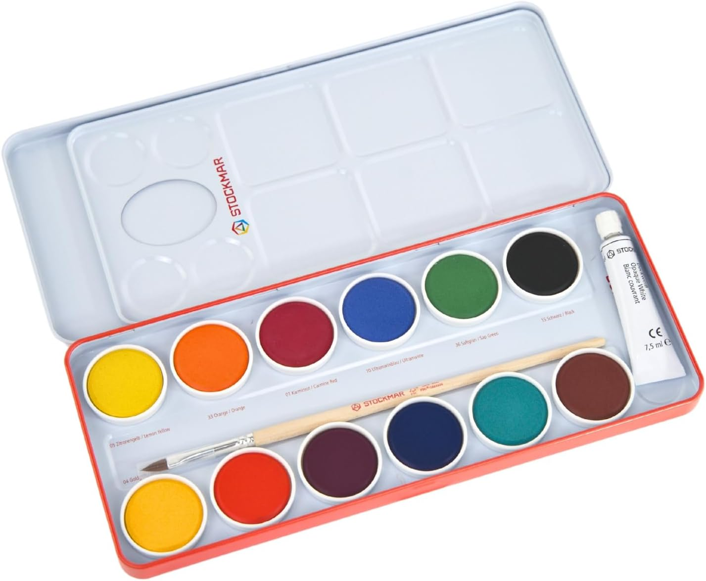 Stockmar Watercolour Paint Set in Tin Box with Opaque White Tube, Brush and Mixing Palette, 12 Colors image number 4