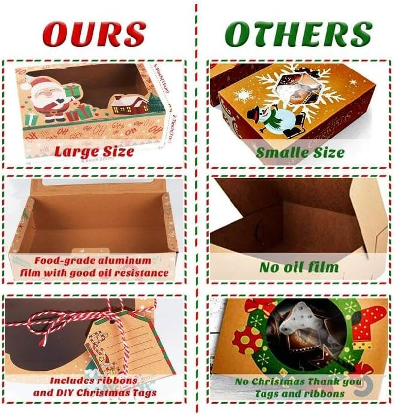 WOYAODONG 12 Pack Christmas Cookie Boxes with Window, Large Holiday Food Bakery Treat Boxes for Giving, Pastry, Candy, Party Favors, Christmas Kraft Boxes with Ribbons and DIY Tags image number 6