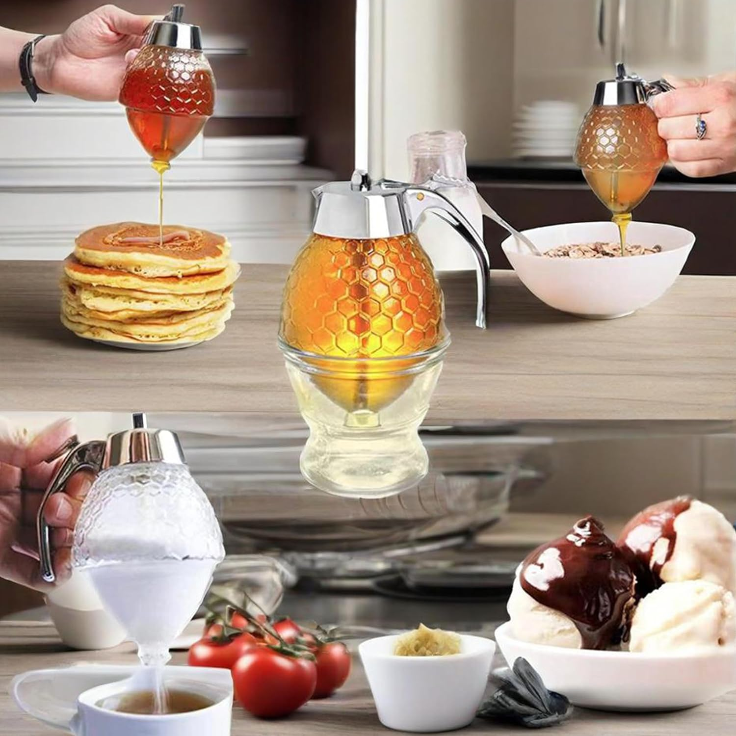 Honey Dispenser,8 Oz Maple Syrup Dispenser,Honey Pot with Stand,Press Type Clear Honey Container,Honey Comb Shaped for Home Kitchen image number 3