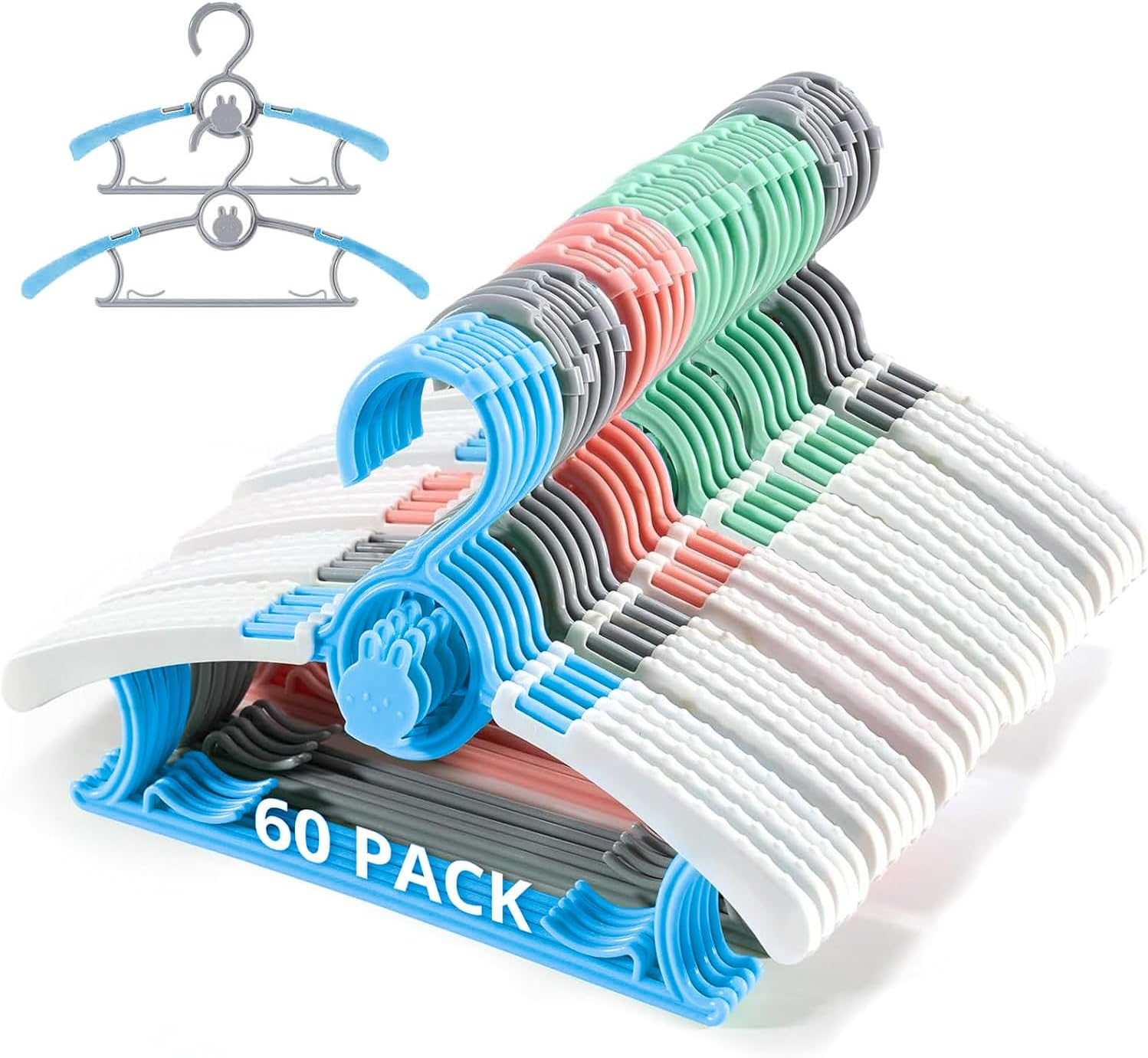 Extendable Stackable Baby Hangers 60 Pack - Adjustable 11-14 Inch Kids Clothes Hangers，Non-Slip Mixed Colors Infant Toddler Hangers for Children Teens (80 Pack Grey)