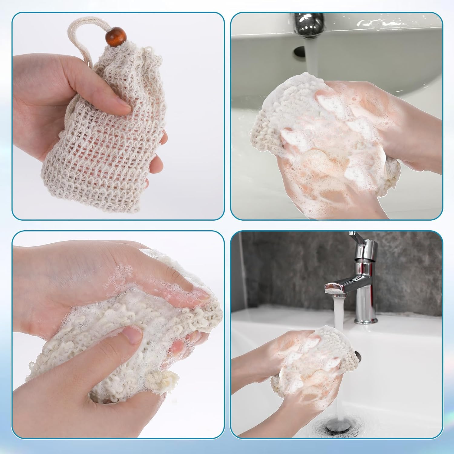 2PCS Soap Saver Bag, Sisal Exfoliating Soap Pouch, Natural Cotton-Linen Exfoliating Net Pouch with Drawstring, Foaming and Drying Exfoliating-Mesh Pouches for Bath and Shower (13X8.5Cm, Beige) image number 5