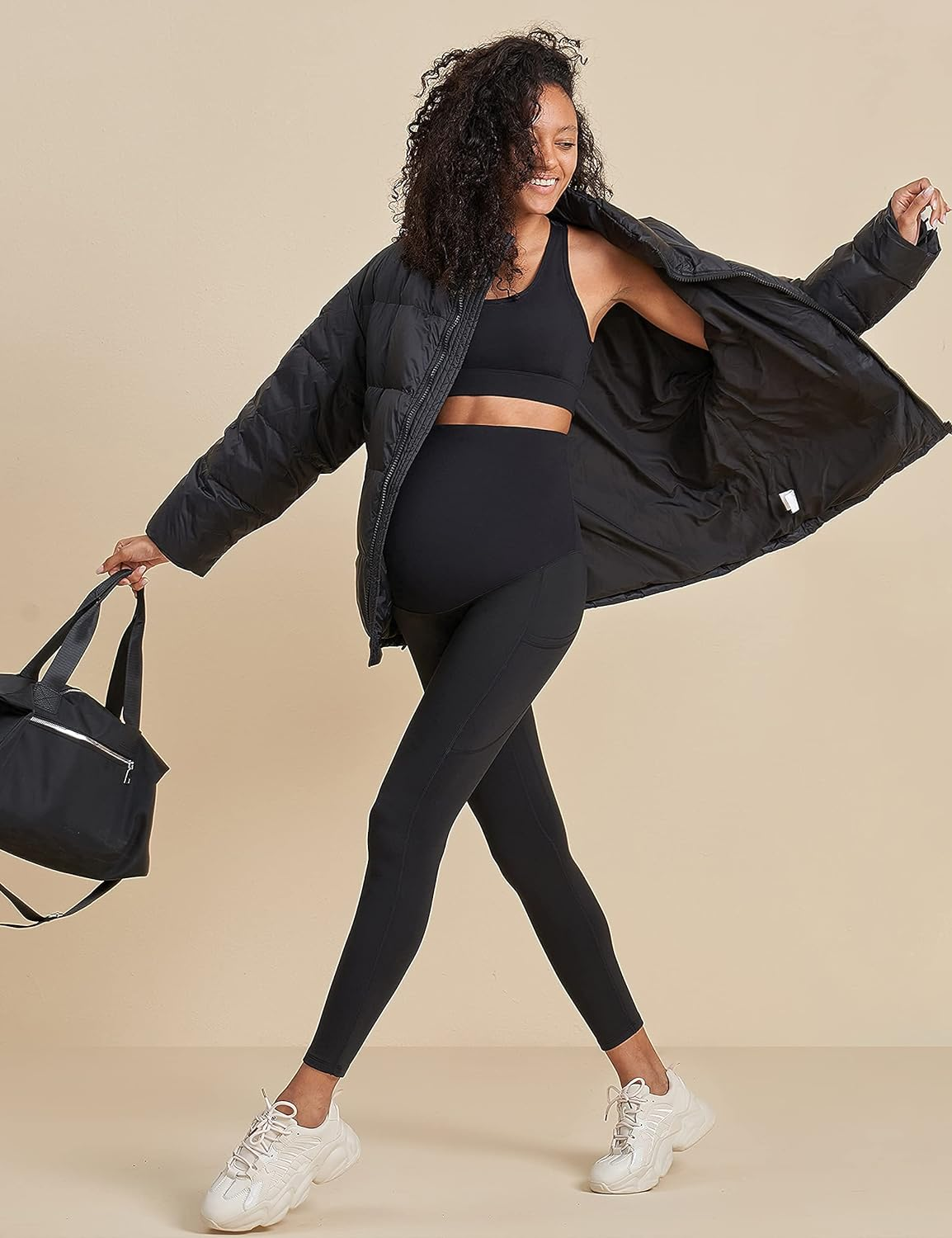 POSHDIVAH Women'S Maternity Fleece Lined Leggings over the Belly Pregnancy Winter Warm Yoga Workout Active Pants with Pockets image number 5