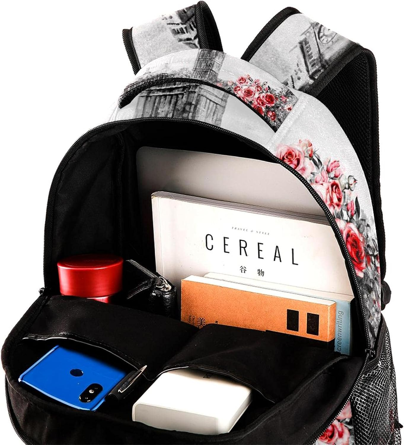 Summer in London Big Ben Flower Rose and Leaf Backpack Students Shoulder Bags Travel Bag College School Tote Backpacks image number 2