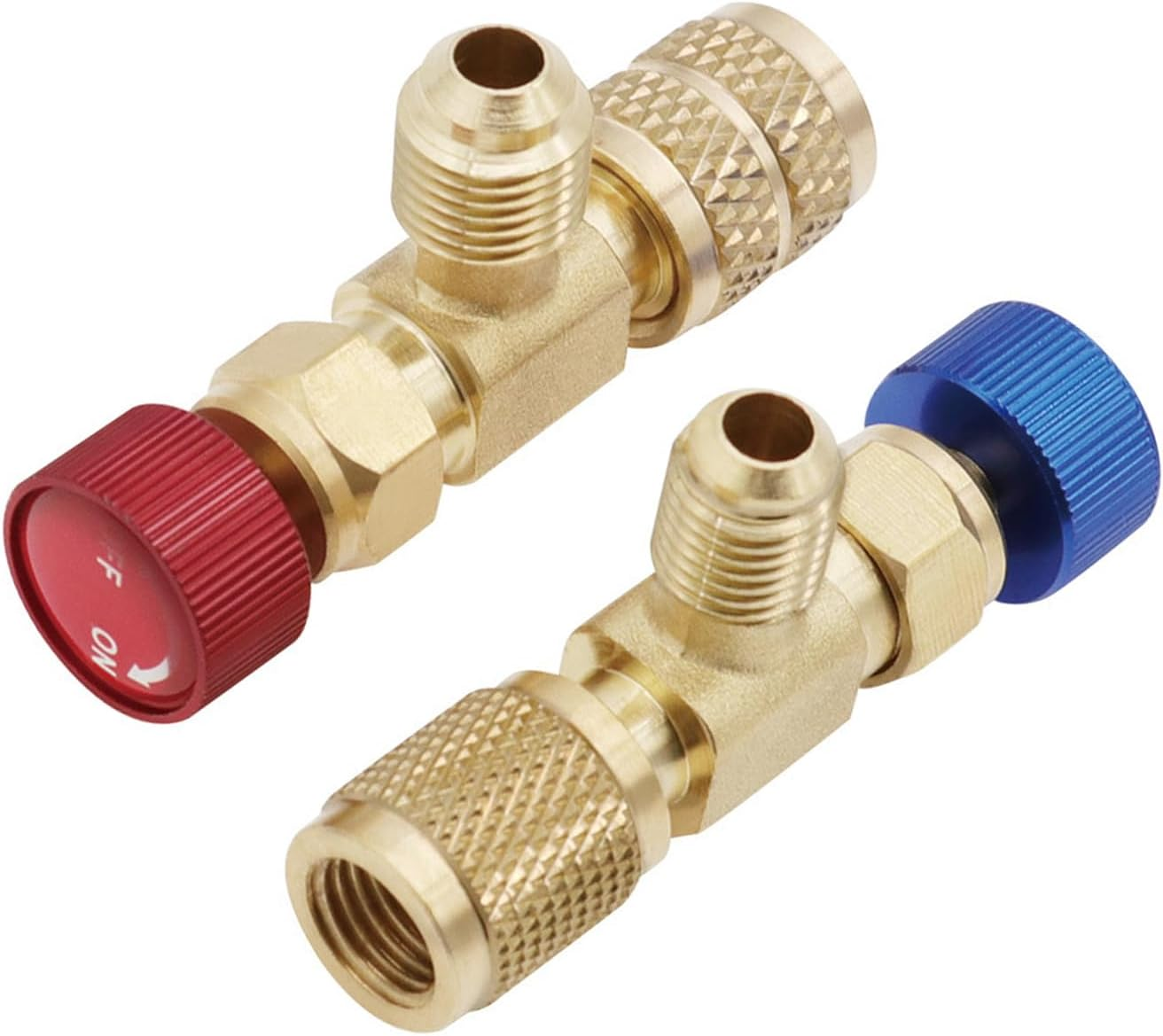 Bestgle 2 Pcs Refrigerant Charging Valve, R22 R410 Liquid Safety Adapter Flow Control Ball Valve for Air Conditioner Manifold, Red R22R410-1/4 Male to 5/16" Female, Blue R22-1/4 Male to 1/4" Female image number 6