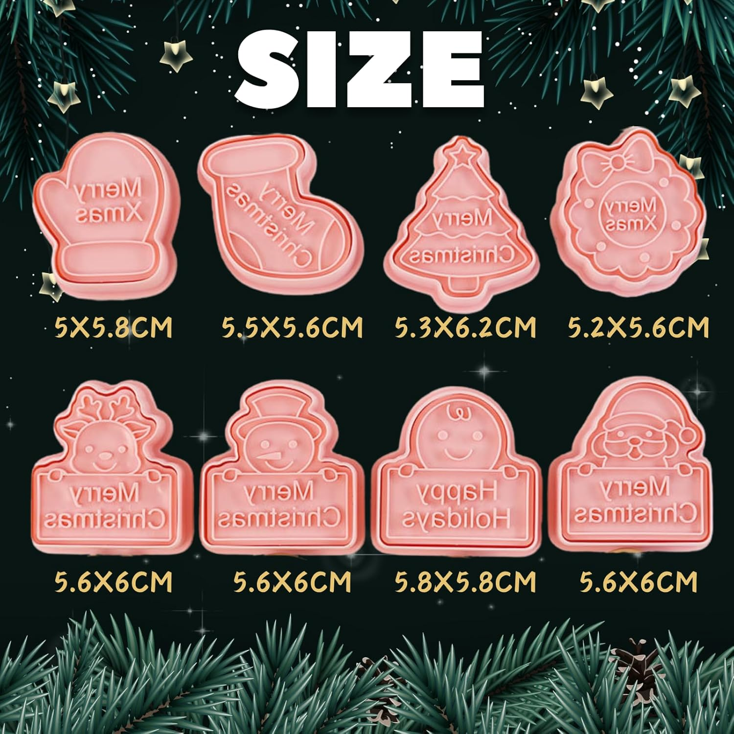 Christmas Cookie Cutters, 8Pcs 3D Pressable Christmas Cookie Stamps Set- Gingerbread Man, Christmas Tree, Snowman,Santa,Garland,Elk,Gloves,Socks,Merry Christmas image number 1