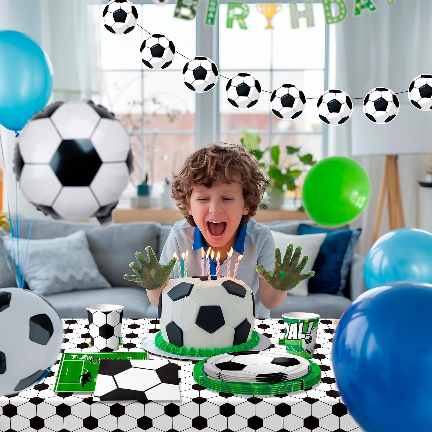 Soccer Party Tableware, Soccer Birthday Tableware Set Plates and Napkins Table Cloth Soccerball Decoration Banner Etc Soccerball Theme Party Tableware for Party Decorations Supplies image number 4