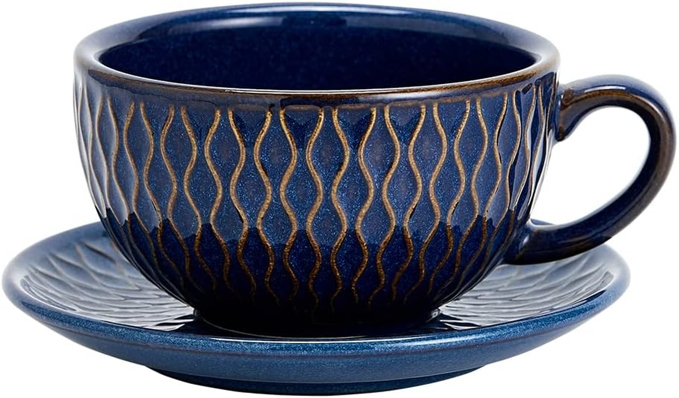 Coffeezone Vintage Design 12 Oz Ceramic Latte Art Cappuccino Barista Cup with Saucer (Beige)