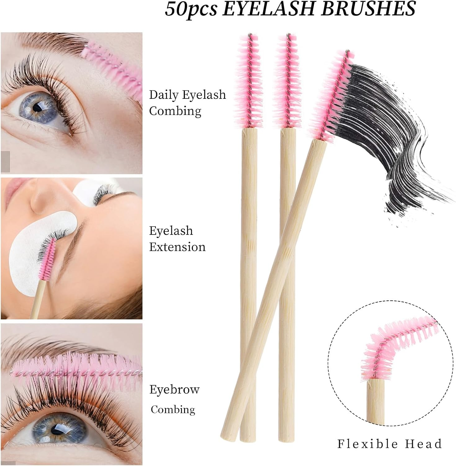 Mekupeu 100 Pcs Disposable Mascara Wands Bamboo Spoolies Brush for Eyelash Extensions Spoolie Eyelash Lash Wand Applicator Makeup Kits, Pink image number 6