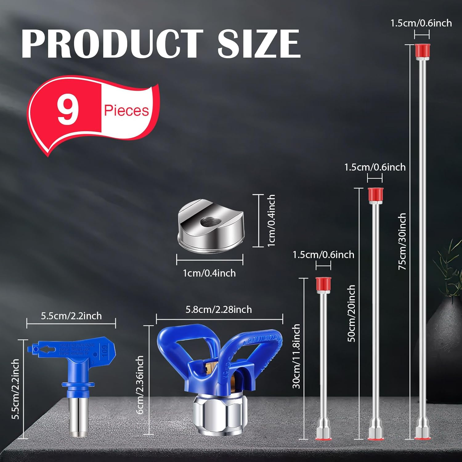 9 Pieces Paint Sprayer Airless Reversible Spray Tip Nozzles Airless Sprayer Nozzles and Spray Gun Tip Extension with Red Guard Pole Rod and Paint Tips (109, 213, 315, 413, 621) image number 1