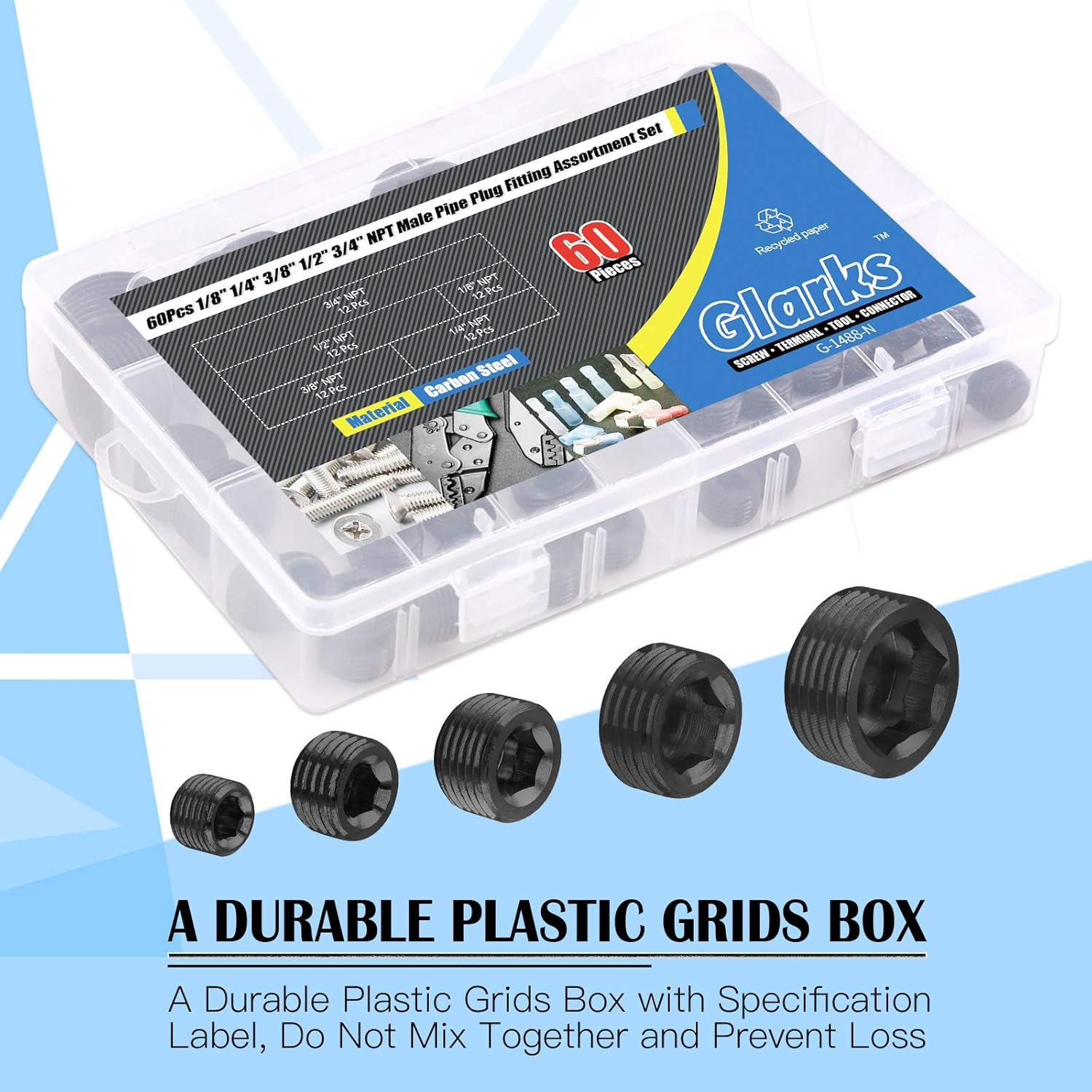 Glarks 60Pcs Carbon Steel 1/8 Inch 1/4 Inch 3/8 Inch 1/2 Inch 3/4 Inch NPT Male Pipe Plug Fitting Assortment Set Internal Hex Thread Socket Pipe Plug Kit image number 1