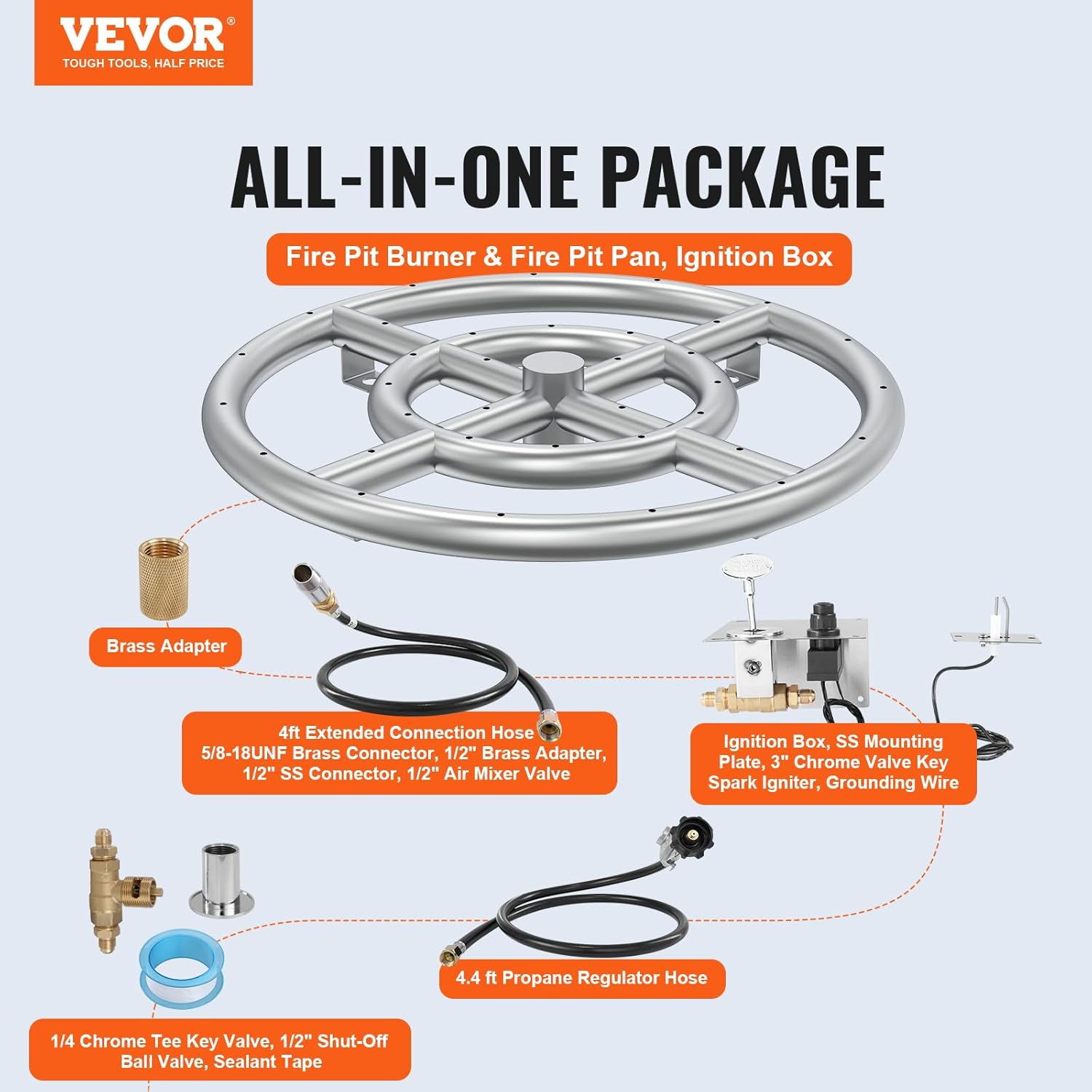 VEVOR 12 Inch round Drop-In Fire Pit Pan, Stainless Steel Fire Pit Burner Kit, Natural & Propane Gas Fire Pan with 92,000 BTU for Indoor or Outdoor Use image number 2