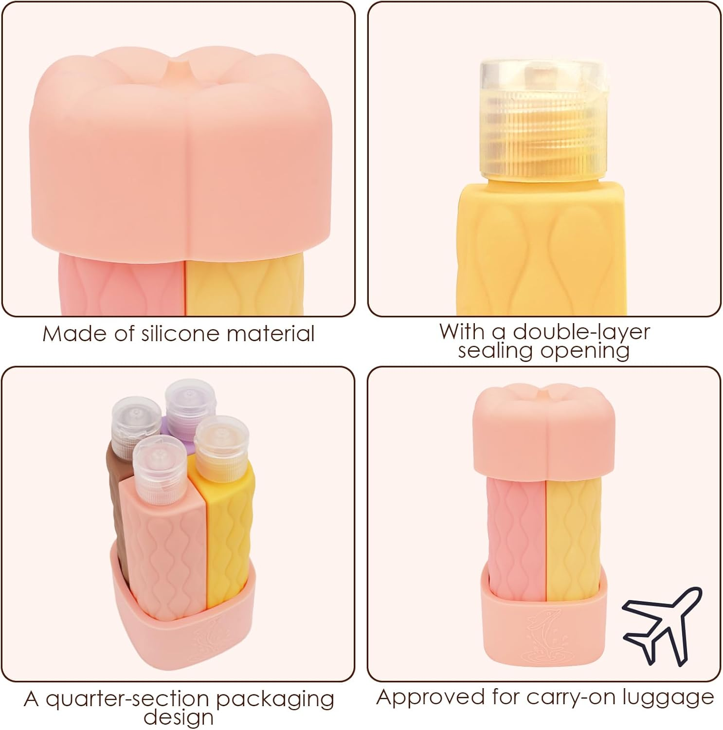 Reignsword 4 in 1 Travel Bottles for Toiletries, TSA Approved Silicone Travel Containers, Leak Proof Refillable Toiletry Containers for Shampoo Conditioner Lotion Body Wash (2Oz, Pink), Pink