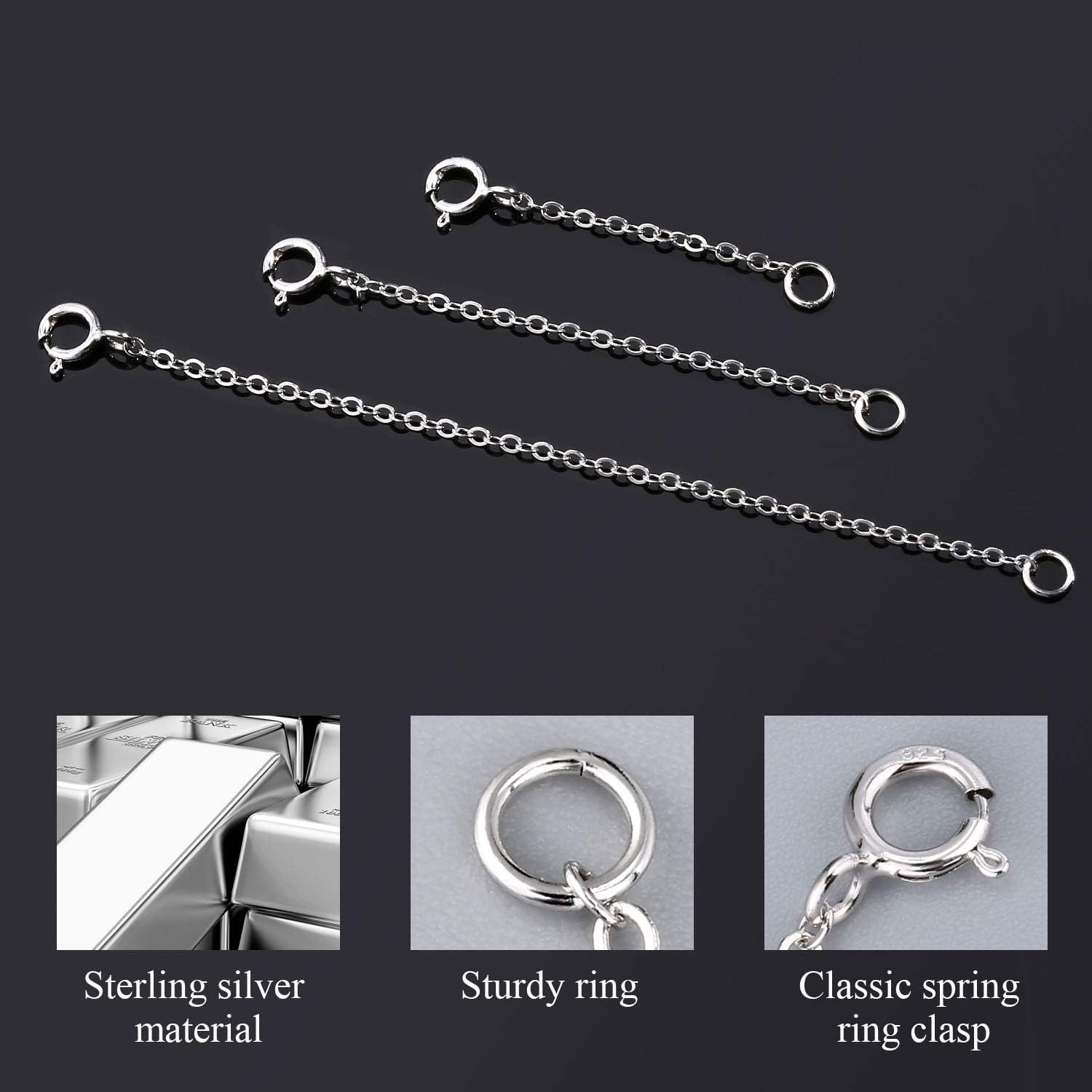 Alexcraft 3 Pcs Sterling Silver Necklace Extenders Chain Bracelet Extender with Lobster Claw Clasps for Jewelry Making(1 2 3 Inch)