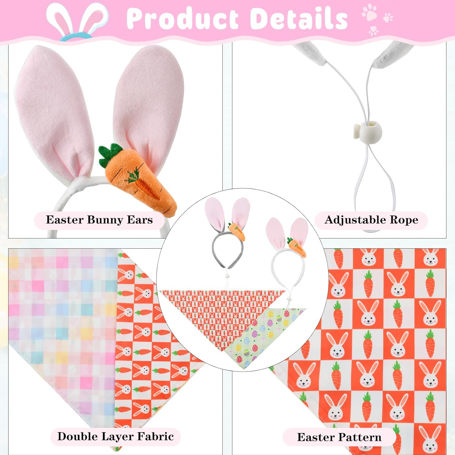 Cooshou Bunny Ears Headband & Reversible Bandana Set for Dogs - Easter Dog Costumes with Cute Carrot & Reversible Pattern - Small/Medium/Large Sizes (2 Sets) image number 5