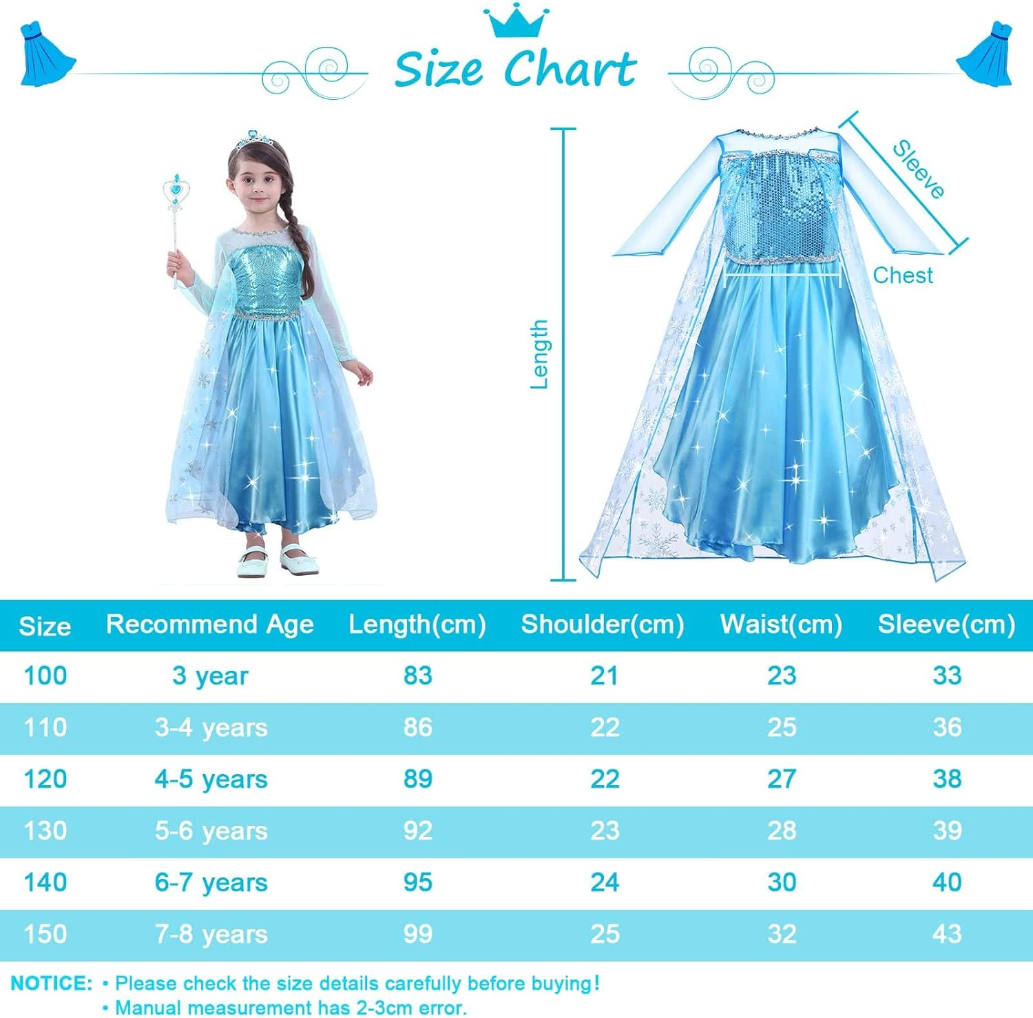 URAQT Elsa Costume Children'S Girls, 9-Piece Set Elsa Dress Children with Crown Tiara Gloves Magic Wand for Christmas Fancy Dress Carnival Halloween Birthday Party (130) image number 3