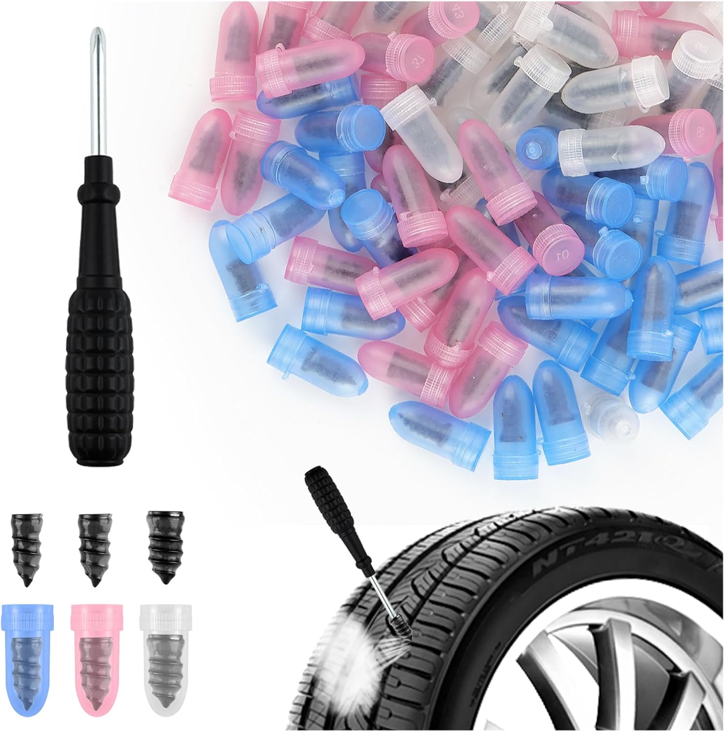 100PCS Tire Screw Plug Repair Kit,Self-Service Tire Repair Kit Includes 3 Sizes of Screw in Tires Plugs & Screwdriver for Quick Repairs,Professional Tires Repairs Rubber Nail image number 2