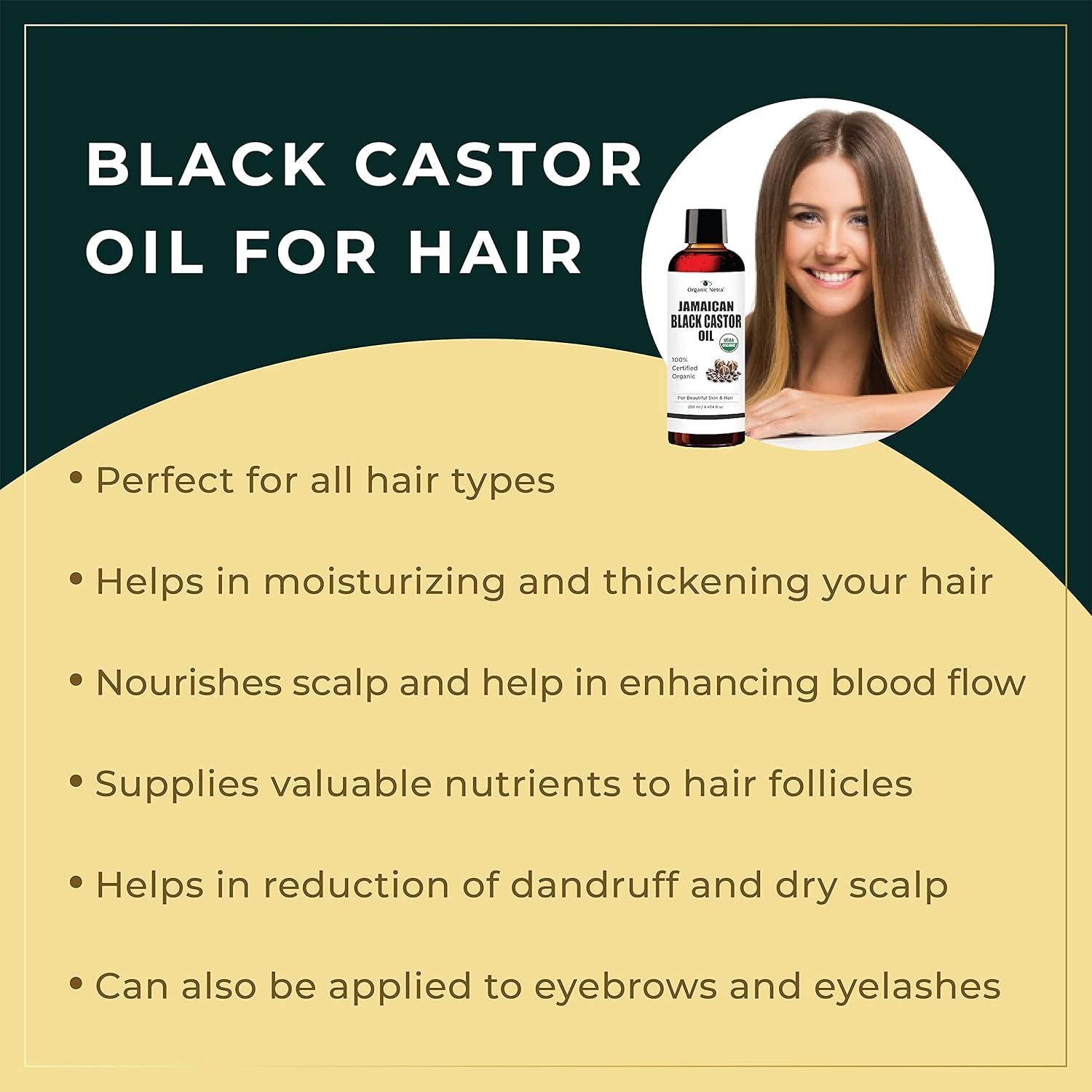 Organic Netra Cold Pressed Jamaican Black Castor Oil for Hair Growth for Healthy, Thick and Black Hair Reduces Acne Marks and Fine Lines for All Hair and Skin Types, 250Ml image number 3