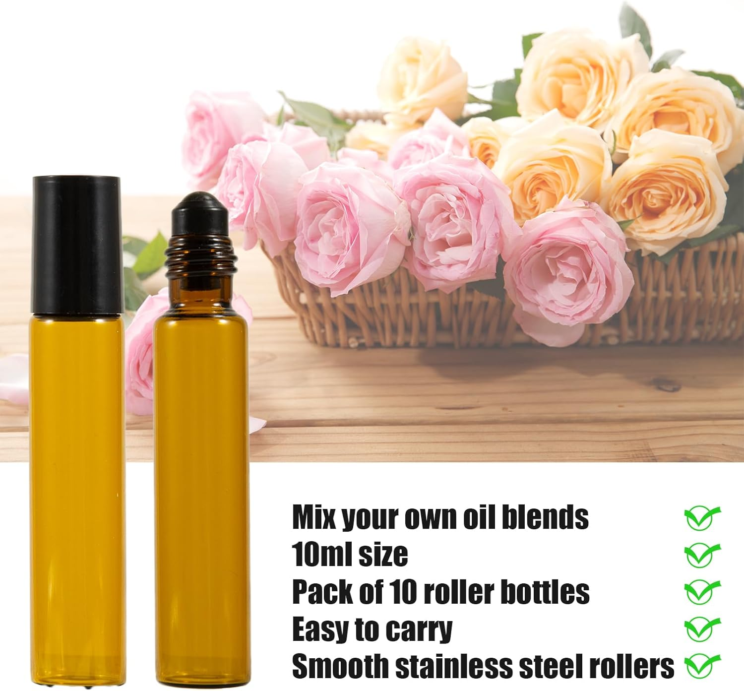 JDFHFGB 10 Pcs 10Ml Amber Glass Essential Oil Roller Bottles, Anti-Uv & Leak-Proof Refillable Roll-On Containers with Stainless Steel Balls, Lids, for DIY Aromatherapy, Perfume & Travel Use image number 2