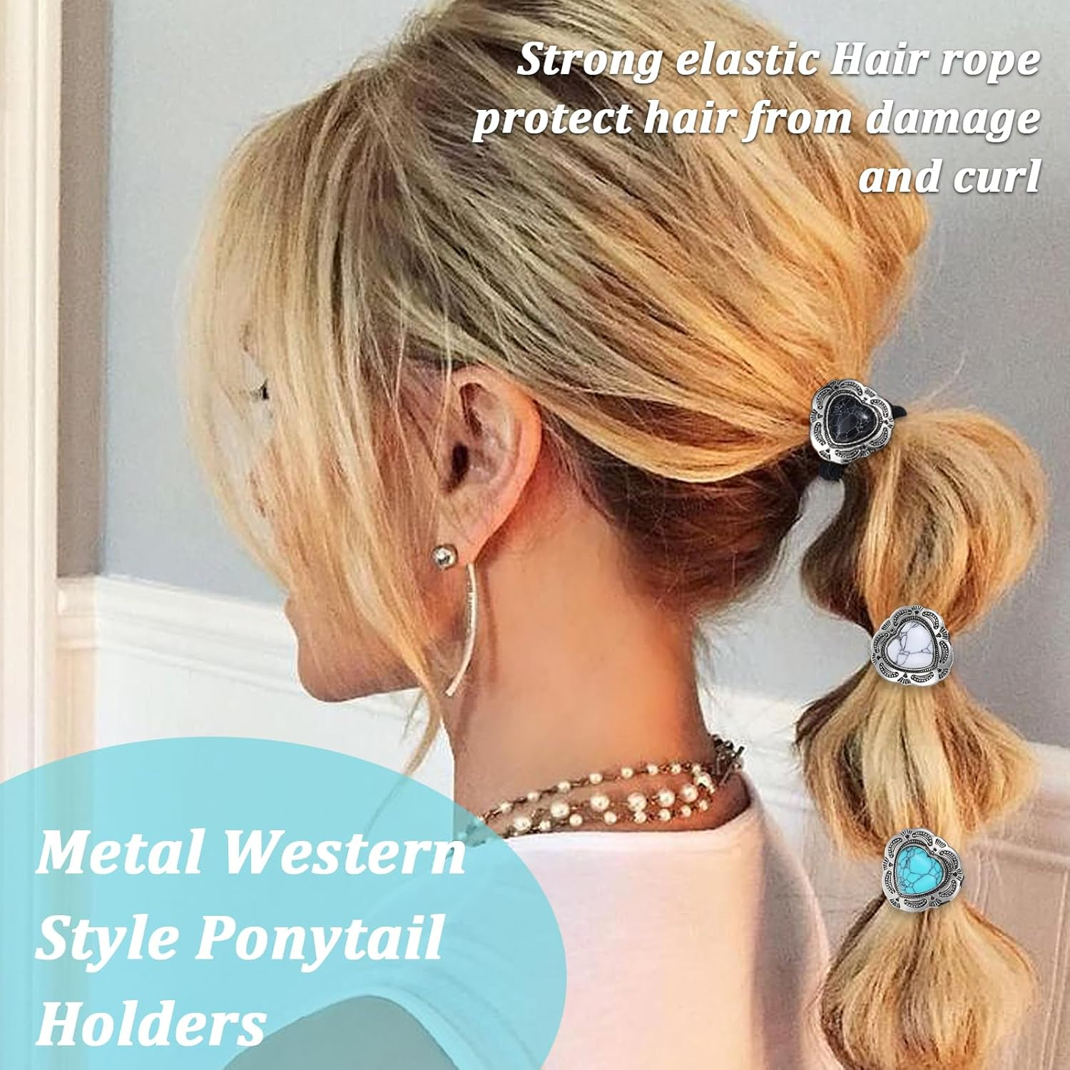 Ouligay 3 Pcs Western Ponytail Holders,Metal Boho Hair Ties with Turquoise,Boho Hair Ties Bracelet Hair Ties No Damage,Vintage Heart Hair Ropes,Silver Hair Bands,Hair Accessories for Women Girl