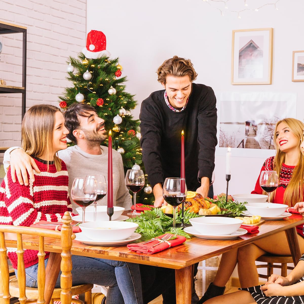 Set of 7 Red Colored Taper Candles, Dripless Unscented Skinny 10 Inch Tall Wax Candlesticks for Home Party Wedding Table Decoration image number 5