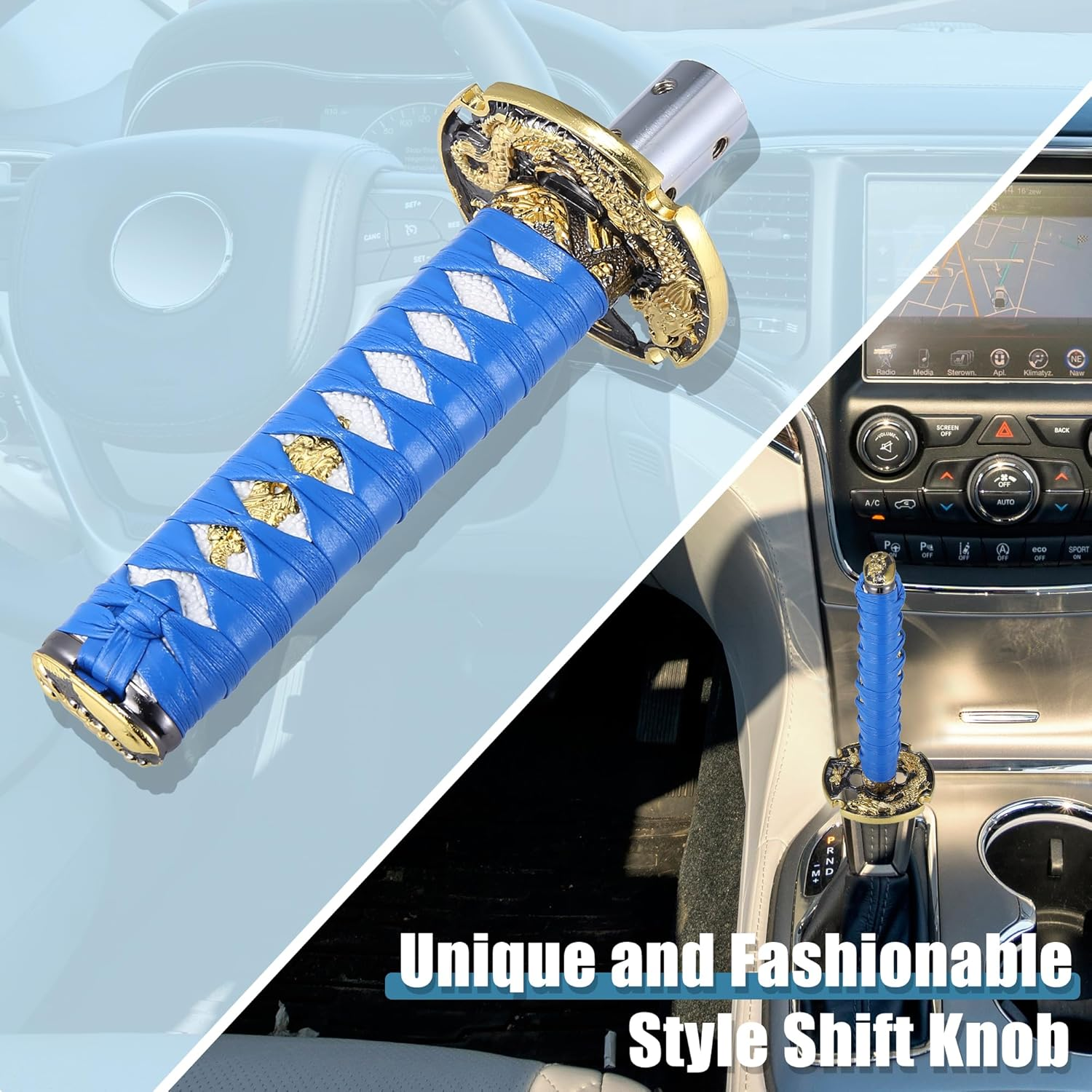 X AUTOHAUX 15Cm Samurai Sword Gear Shifter Lever Katana Shift Knob Classic Braided Pattern for Manual Automatic Shifter Blue White image number 4