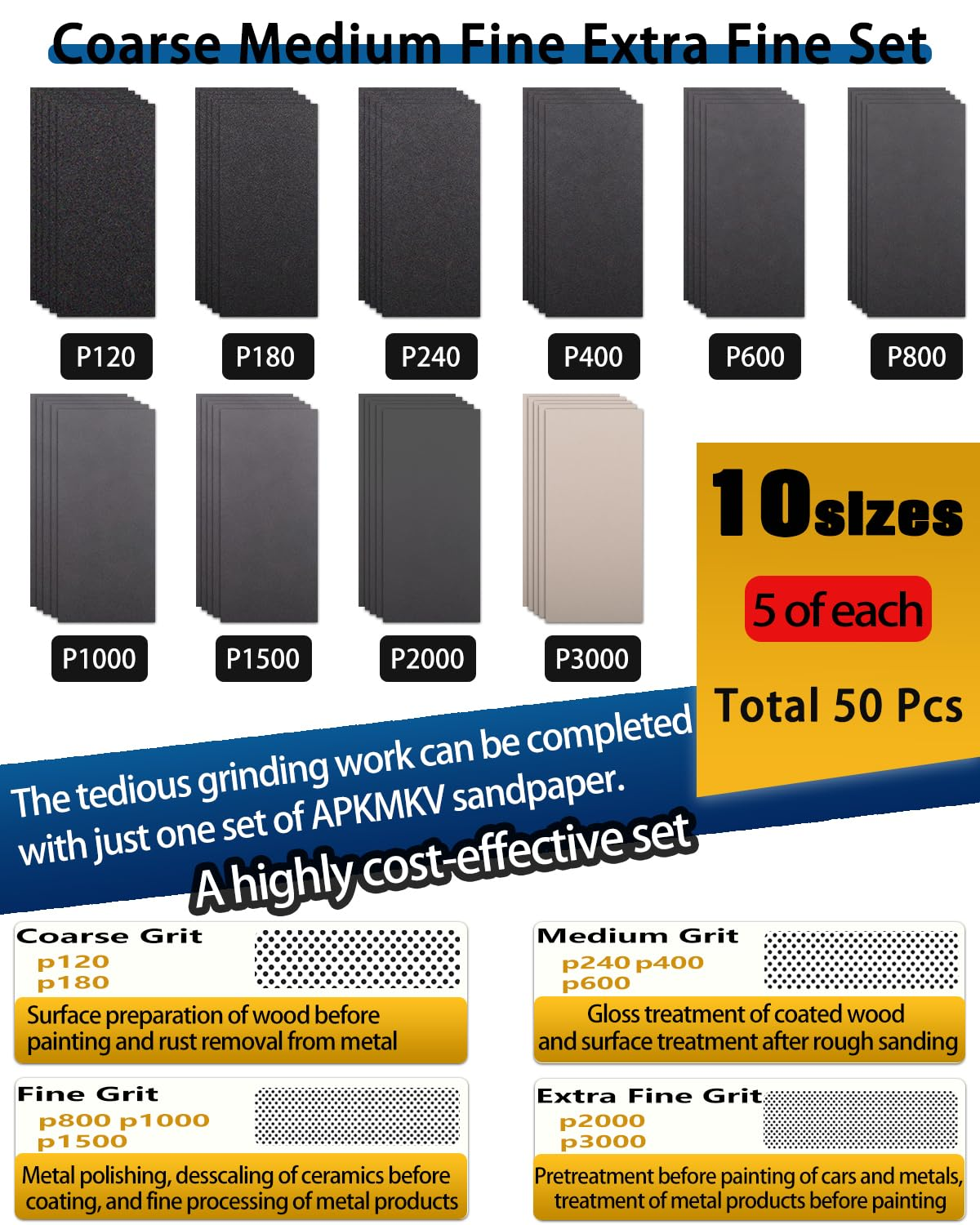 50Pcs Sandpaper Set P120~P3000Grit Wet and Dry Sanding Paper 230&times;93Mm (Assorted Grit 120/180/240/400/600/800/1500/1000/2000/3000 X5) for Automotive Polishing, Metal Wood Glass Finishing