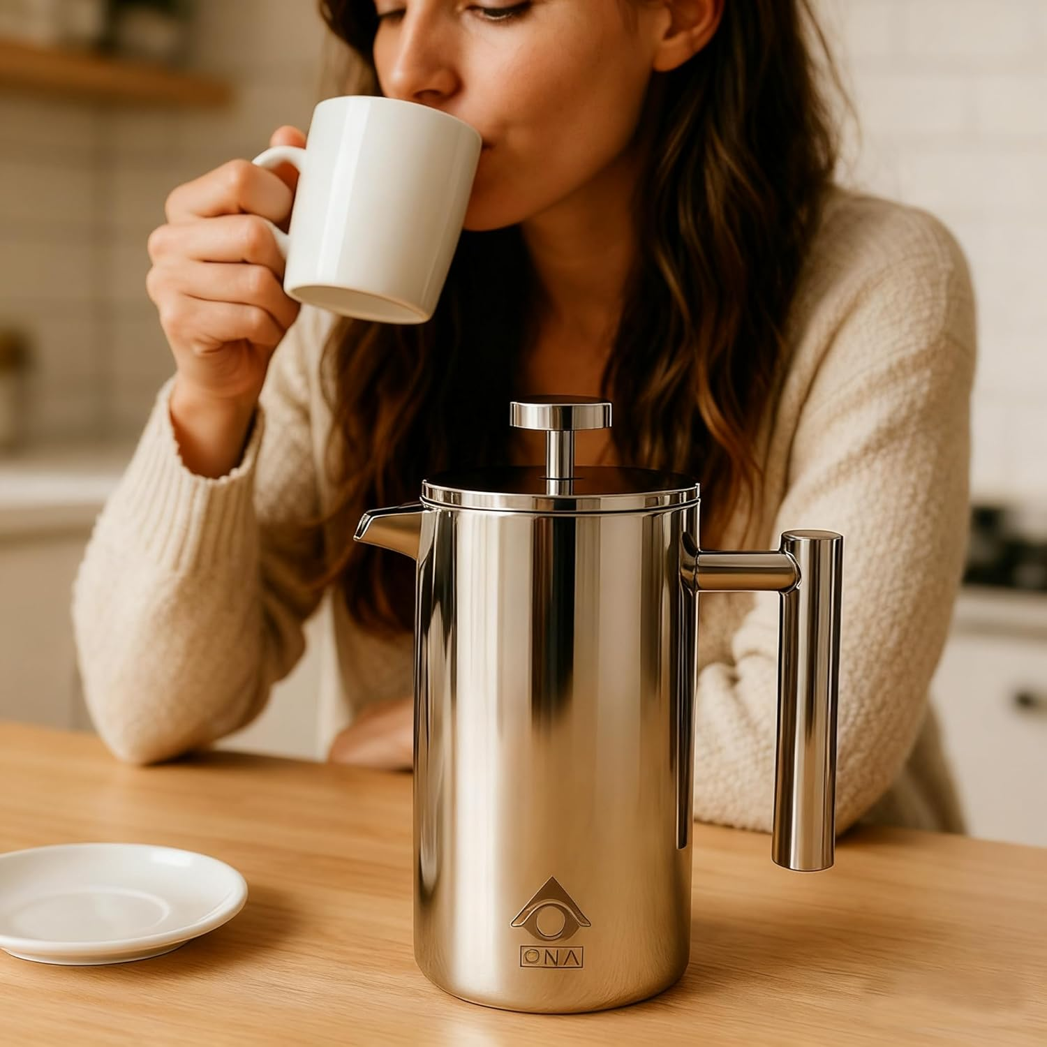 QNA French Press with Coffee Bean Canister Include an Extra Filter (350Ml/2 Cup), 304 Stainless Steel Coffee Plunger Tea Maker with Double Vacuum Insulation, No Coffee Grounds (350ML) image number 4