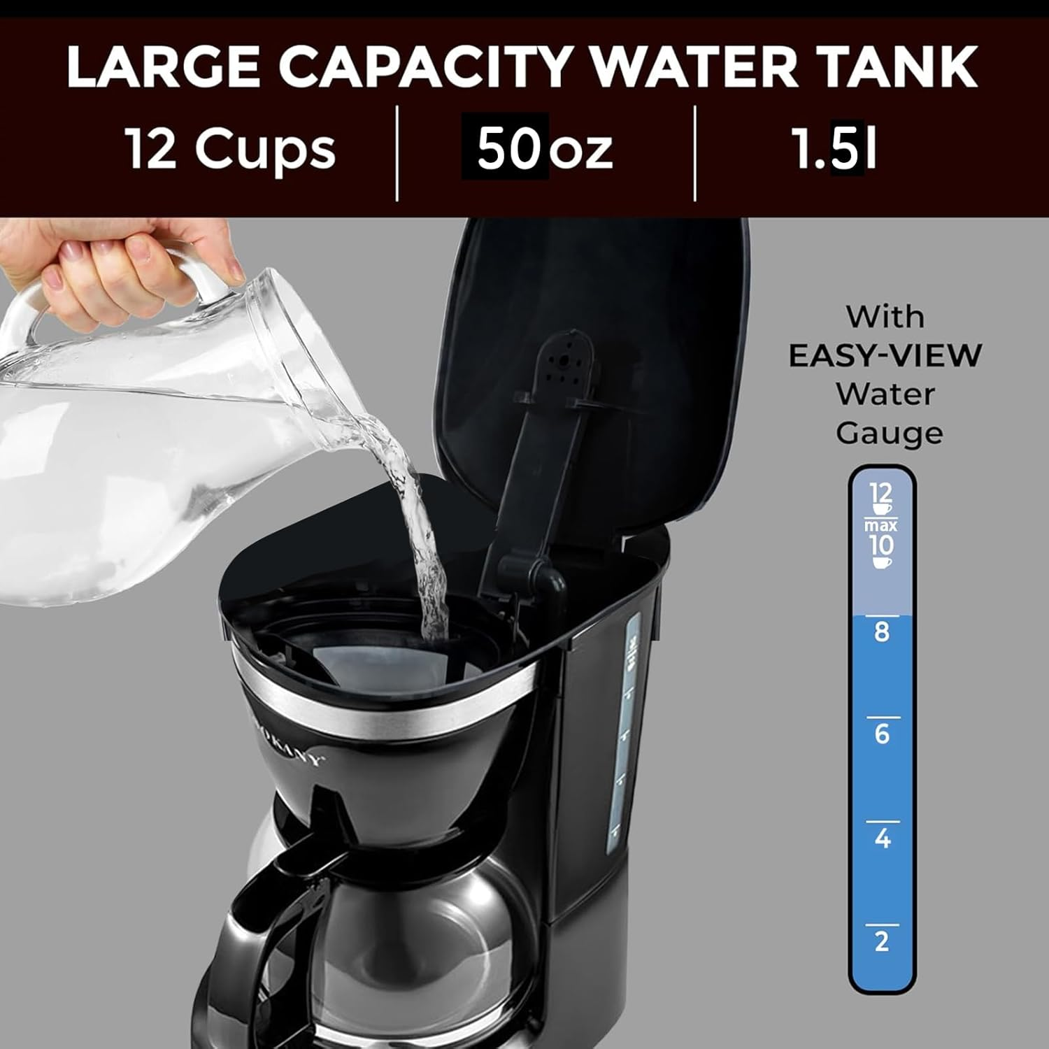 XIULIUU Coffee Maker, 12 Cup Coffee Pot with Reusable Filter, Keep-Warm Function, One-Touch On/Off Clear Water Level Window Coffee Machine, Black Electric Coffee Maker image number 1