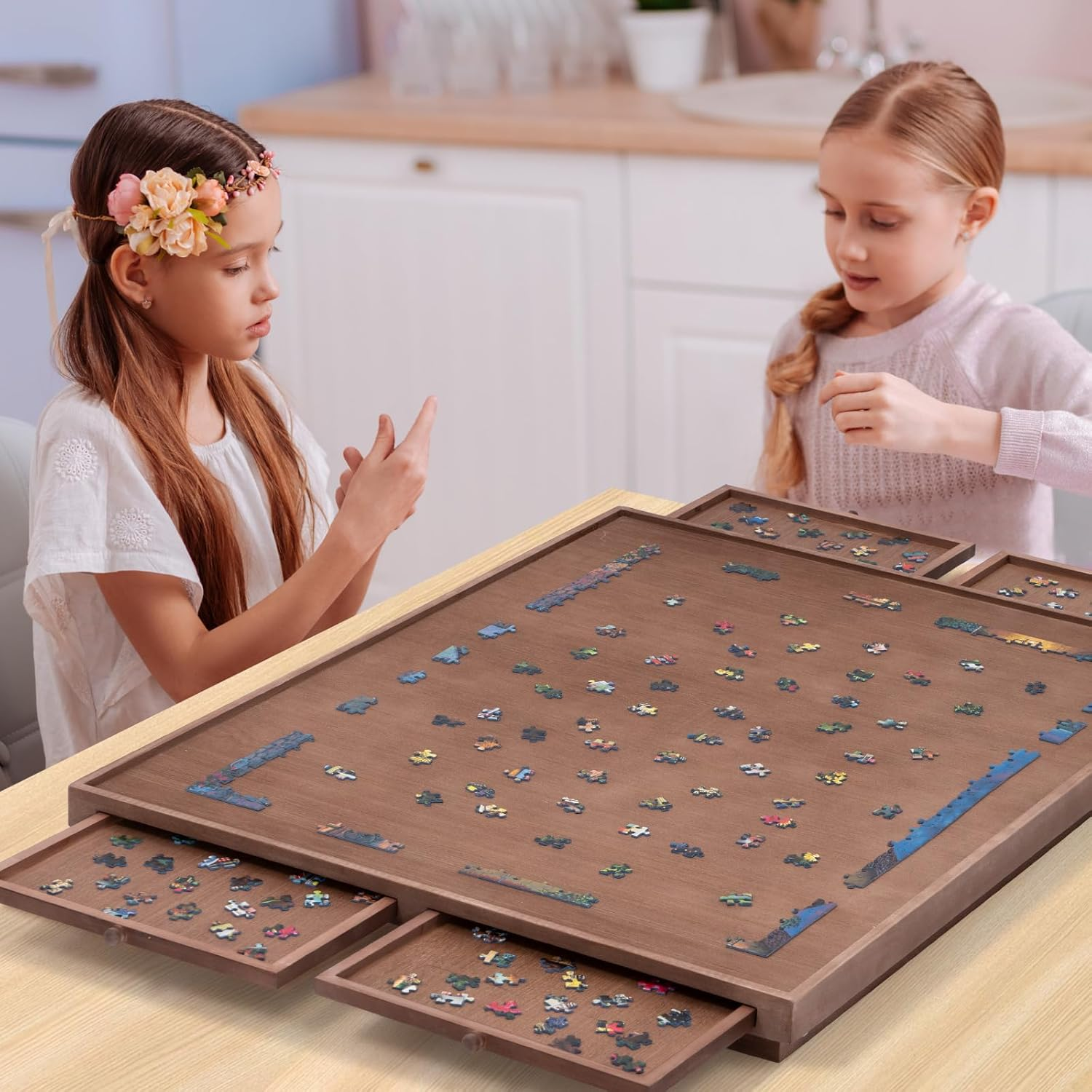 TEAKMAMA 1500 Piece Wooden Jigsaw Puzzle Board with 4 Drawers, Folding Puzzle Table with Protective Cover, Multifunctional Puzzle Board for Adults, 34W X 26.3D, Chocolate Brown image number 1