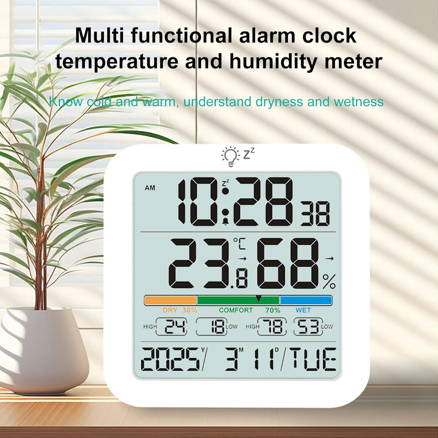 Digital LCD Hygrometer Thermometer Clock with Backlight for Home Temperature Monitoring