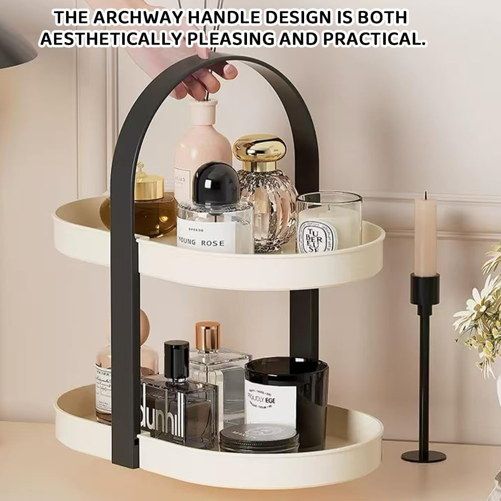 Ranqisys Double-Layer Oval Cosmetic Storage Rack, Plastic Vanity Organizer for Skincare, Perfume & Jewelry, Portable Countertop Makeup Shelf with Handles, Space-Saving for Bathroom, Bedroom, or Office image number 1