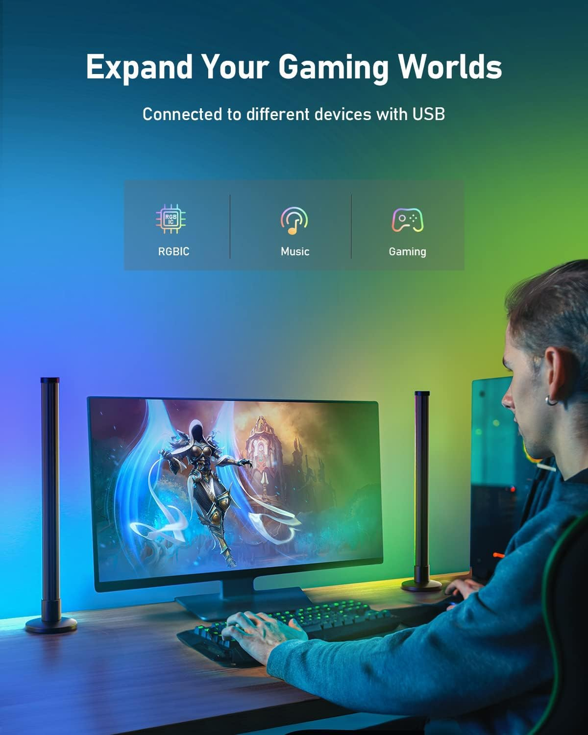 TONGLIN Smart LED Light Bars, 2Pack 42Cm RGB Light Bars, Smart Light Bar with Diy/Music Sync/8 Scene Modes, Gaming Lights TV Backlight with App Control, Colour Changing Light - 360&deg; Lighting image number 5