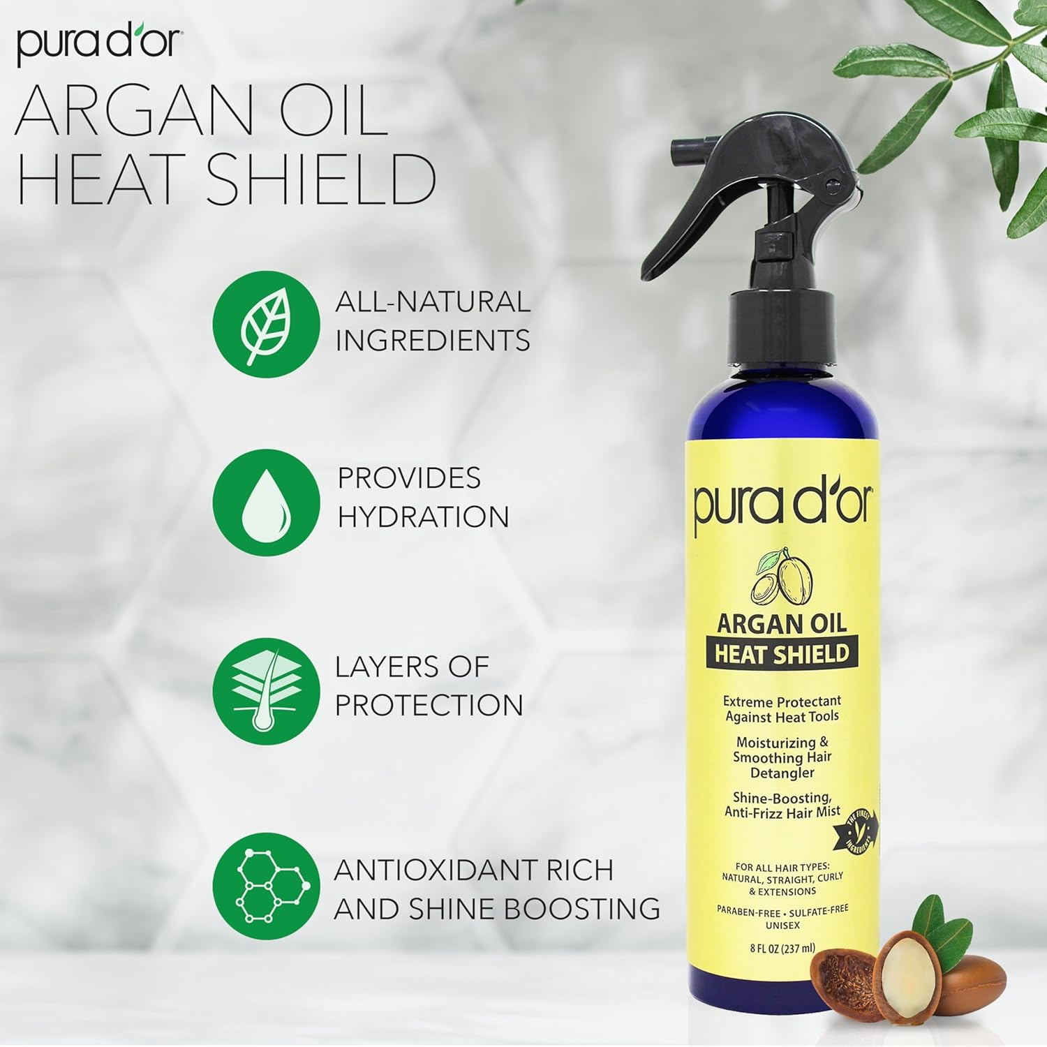PURA D'OR Argan Oil Heat Shield Protectant Spray (8 Fl Oz / 237 Ml) - Infused with Argan Oil & Aloe Vera - Heat Protectant Spray & Leave-In Conditioner for Define & Shine Dry & Damaged Hair image number 4