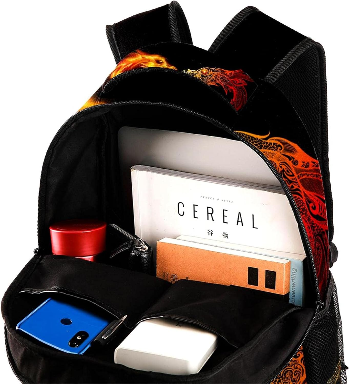 Two Dragon Heads in Fire Backpack Students Shoulder Bags Travel Bag College School Tote Backpacks image number 1