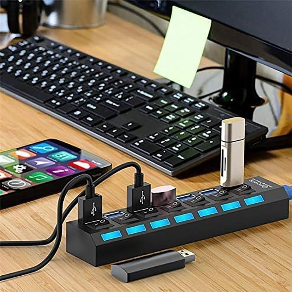 USB HUB,7 Port USB 3.0 HUB 5.0Gbps Data Transfer, with Independent LED Power Switch for XPS, PC, Flash Drives, Portable Hard Drives, Etc., image number 1
