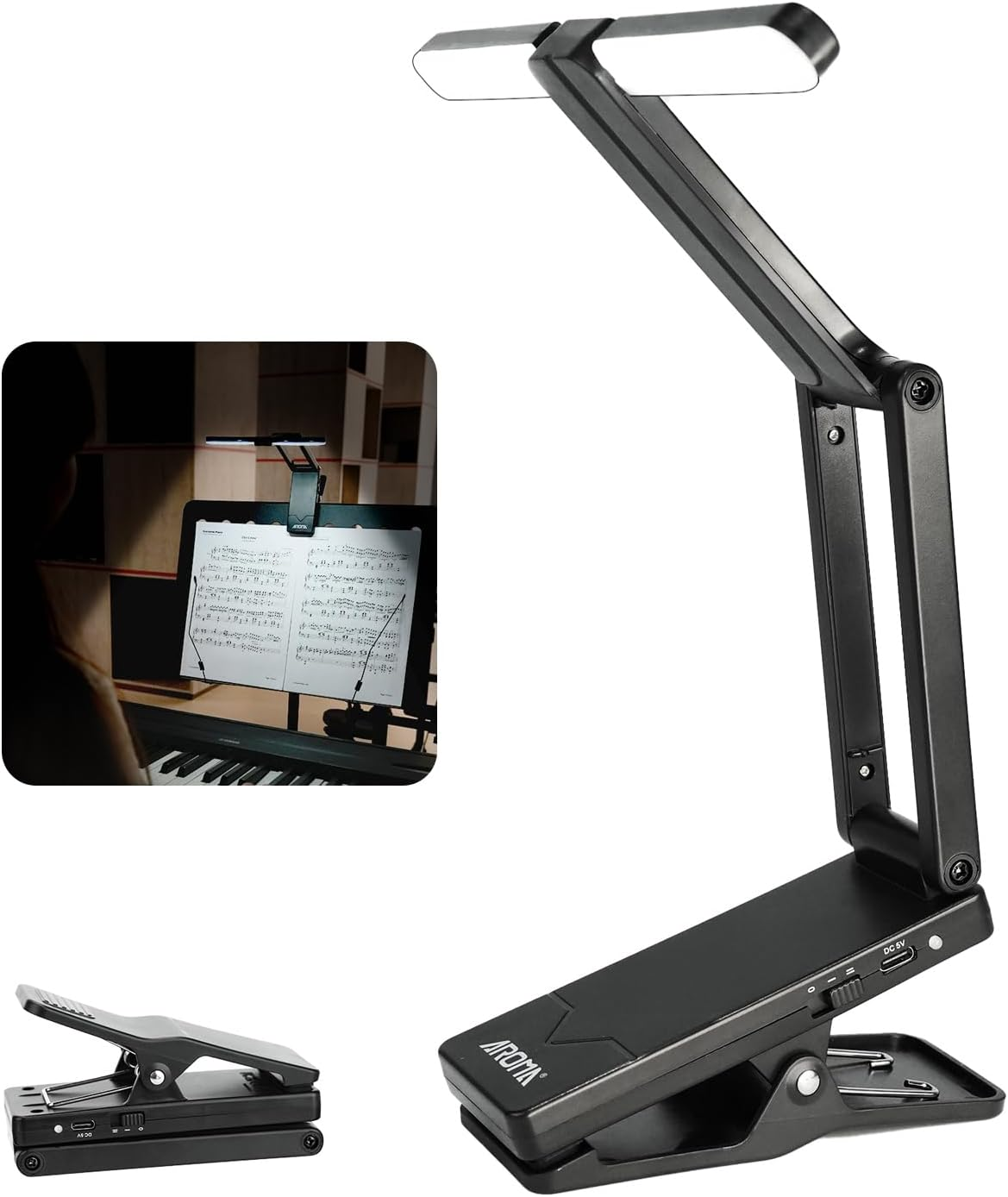 AROMA Light for Music Stand Rechargeable Clip on Piano Lamp Adjustable 2 Brightness