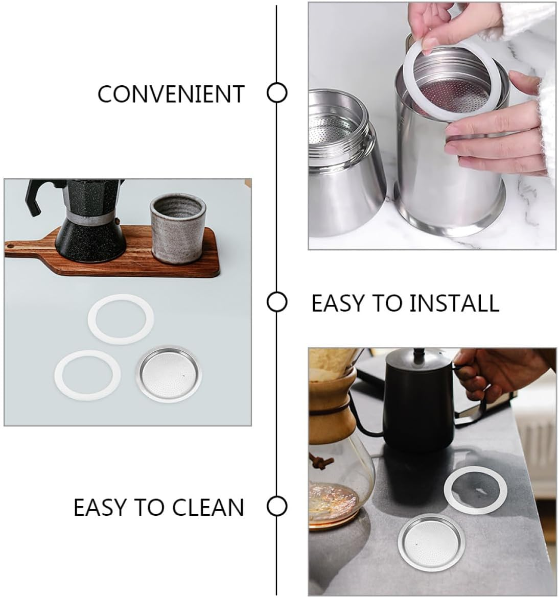 CONGARTENO Aluminum 3-Cup Stovetop Espresso Pot Replacement Gasket Set with 3 Silicone Sealing Rings and Stainless Steel Filter, Coffee Maker Accessories for Home Brewing image number 2