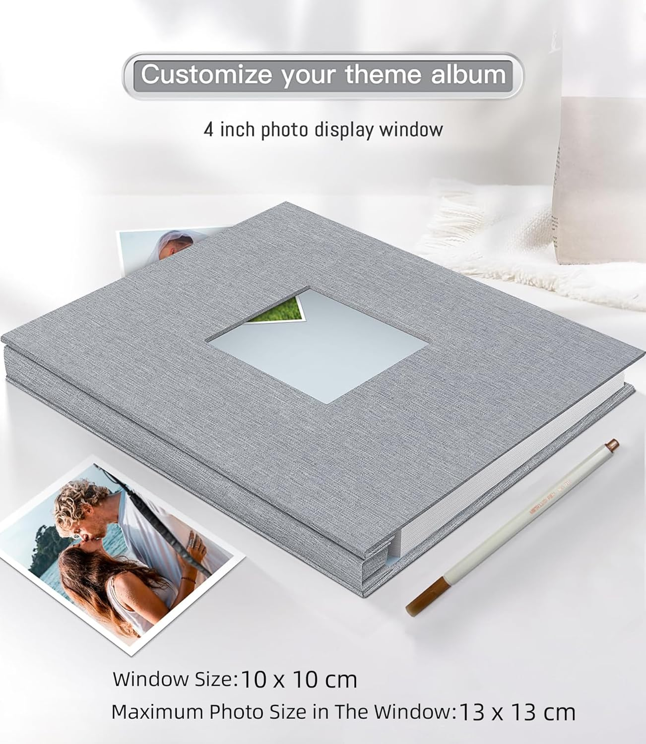 EZKOXAH Photo Album Self Adhesive Book with Picture Window Linen Cover, 20 Pages/40 Sides DIY Pasted for Family Travel, Baby Growth Record, Wedding Scrapbook, Birthday Gifts (Gray, Medium (28X27Cm))