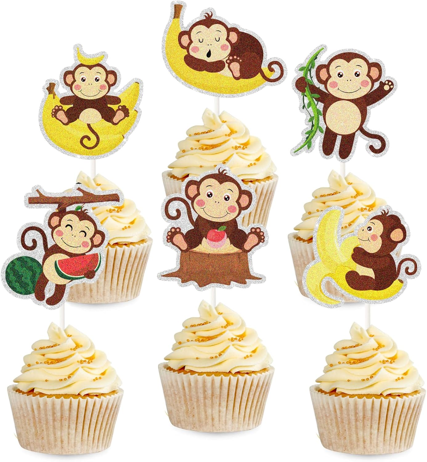 18Pcs Monkey Cupcake Toppers,Safari Jungle Cupcake Picks,Zoo Animals Theme Baby Showers Birthday Party Supplies