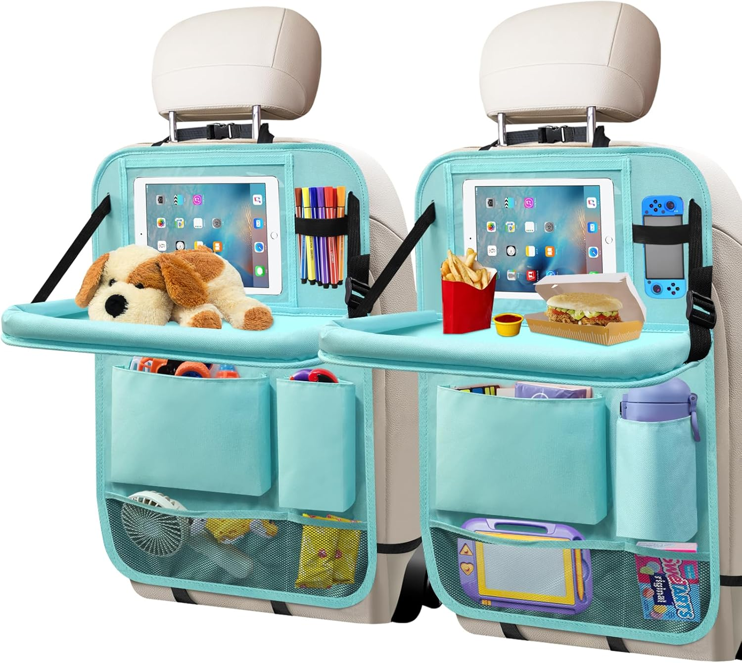 Etre Jeune Car Backseat Organizer with Tablet Holder, 6 Storage Pockets Foldable Table Tray Seat Back Protectors Kick Mats Travel Accessories, 2 Pack Black