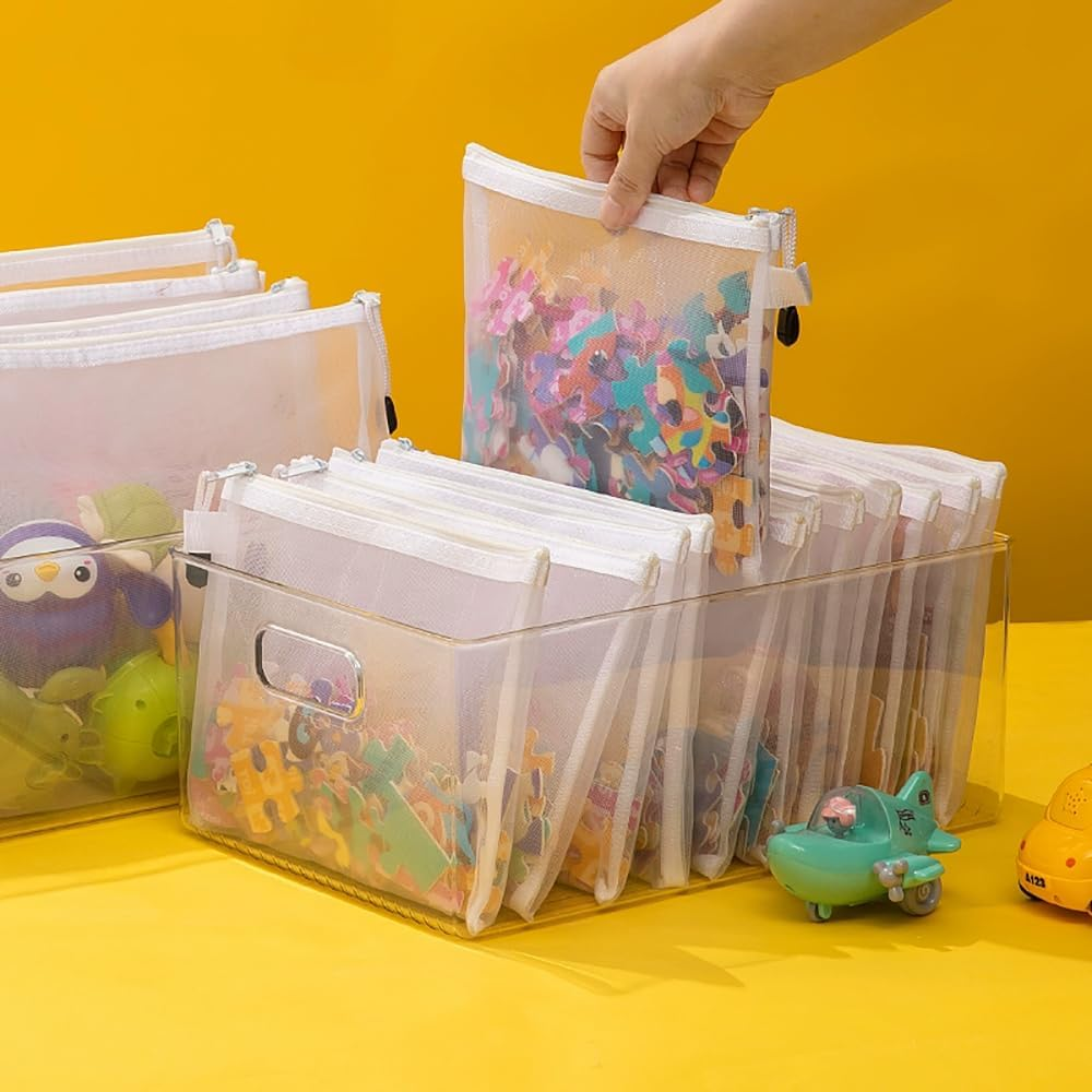 PQCLXUYA 12 Pcs Clear Mesh Zipper Pouches,Puzzle Building Block Sets Toy Storage & Organization,Multipurpose Nylon Pouch for School Supplies, Puzzles & Games Organizing Storage(A4+A5+A6) image number 3