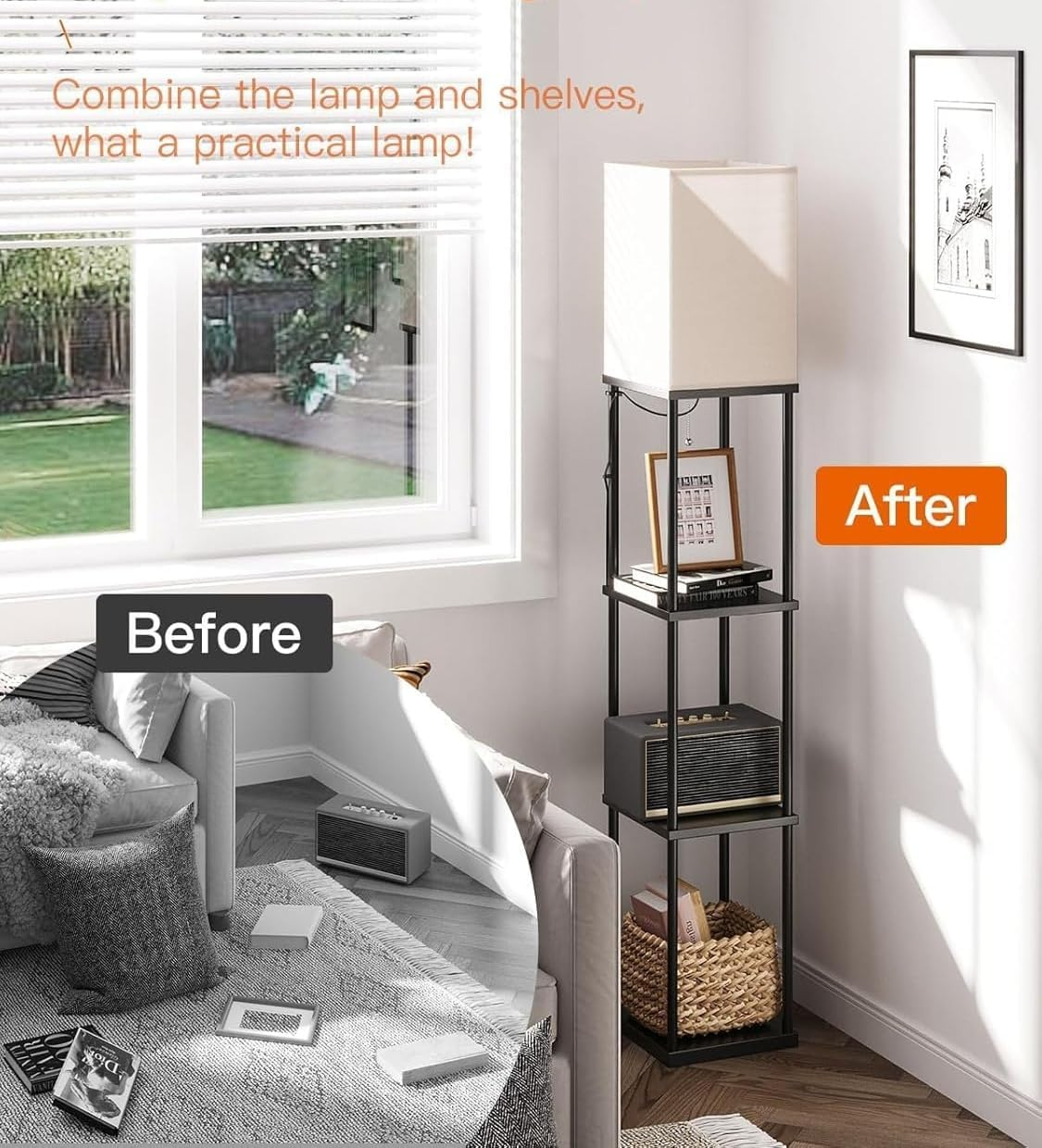 WAMBORY Floor Lamp with Shelves,Modern Square Standing Lamp with 3 Color Temperature Bulb, Corner Display Bookshelf Lamp with White Linen Shade,Shelf Floor Lamp for Living Room and Bedroom (Modern) image number 1