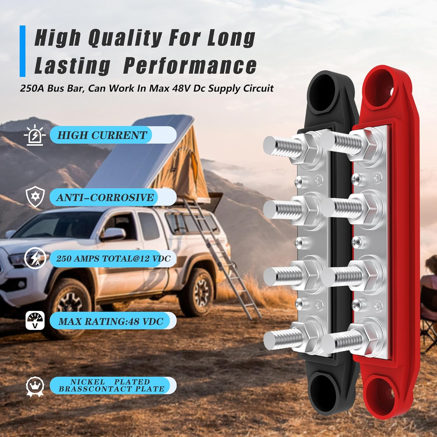 Venxykod Power Distribution Block,250A 12V Bus Bar 4X5/16 Terminal Block with Cover Max 48V Junction Block Automotive Marine Busbar image number 1