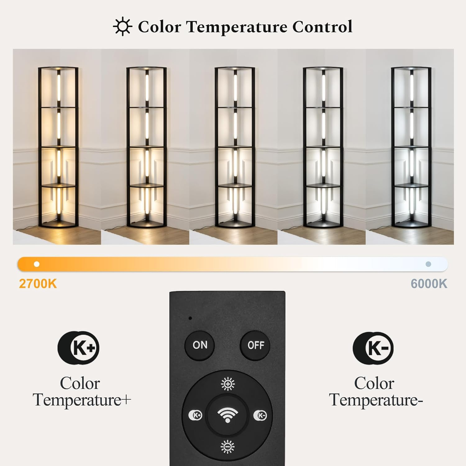 TUXOIUBA Dimmable LED Corner Floor Lamp with Shelves, Corner Shelf Floor Lamps for Living Room, LED Corner Display Shelf with Lights and Adjustable Color Temperature for Living Room Bedroom Home