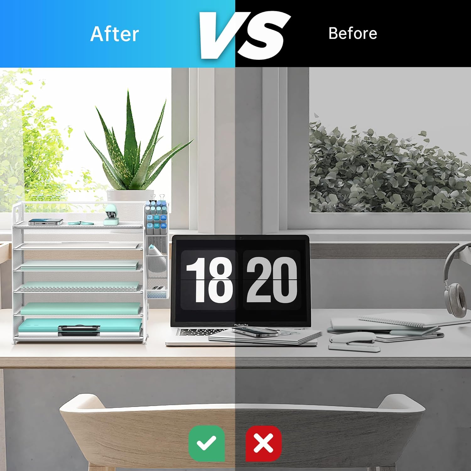 SUPEASY 6 Tier Paper Organizer with 4 Pen Holders, Mesh Letter Tray with Handle, Paper Tray Organizer for A4 Files, White - 2, Black image number 4