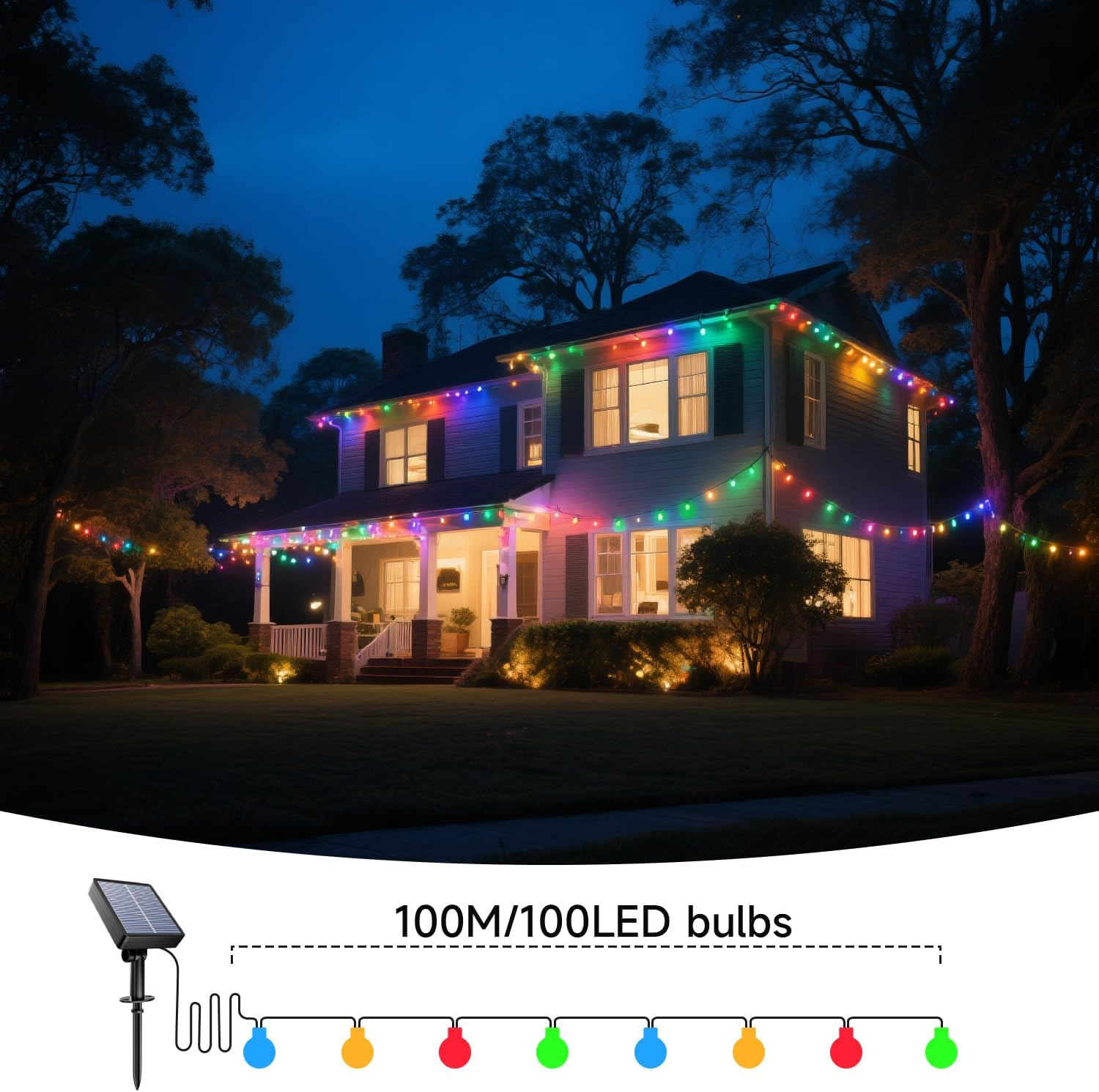 Solar String Lights Outdoor, 33FT/10M 100LED Solar Globe String Lights, 8 Lighting Modes, Waterproof Solar Powered Patio Light for Garden Yard Porch Wedding Party Outdoor Decoration (Multicolor) image number 6