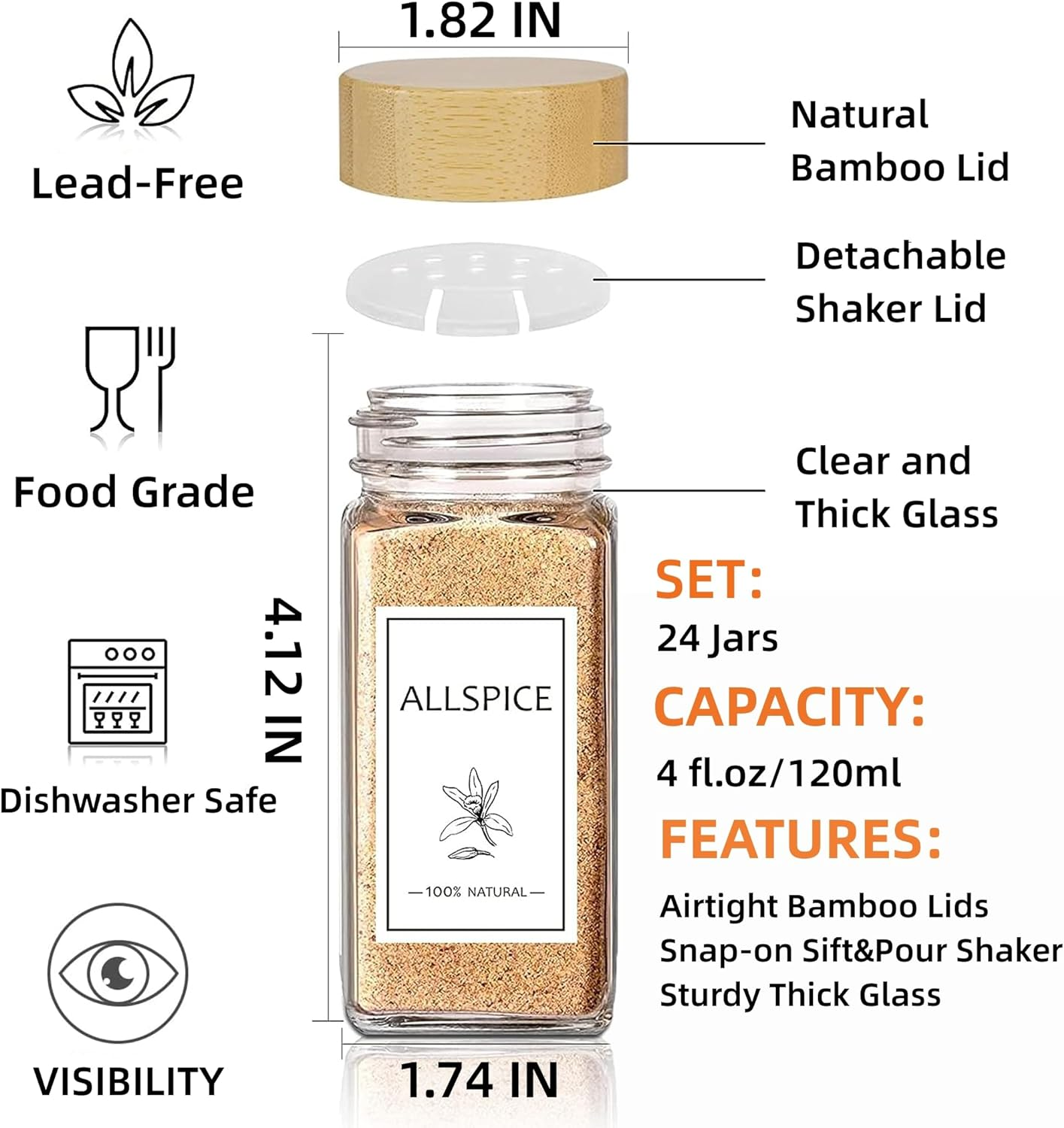 24Pcs Glass Spice Jars with Bamboo Lids, Square Seasoning Containers Spices Organizer Small Items Storage, with Preprinted Spice Label, Funnel, Shaker, Mark Pen,Brush, 120Ml/4Oz. image number 2
